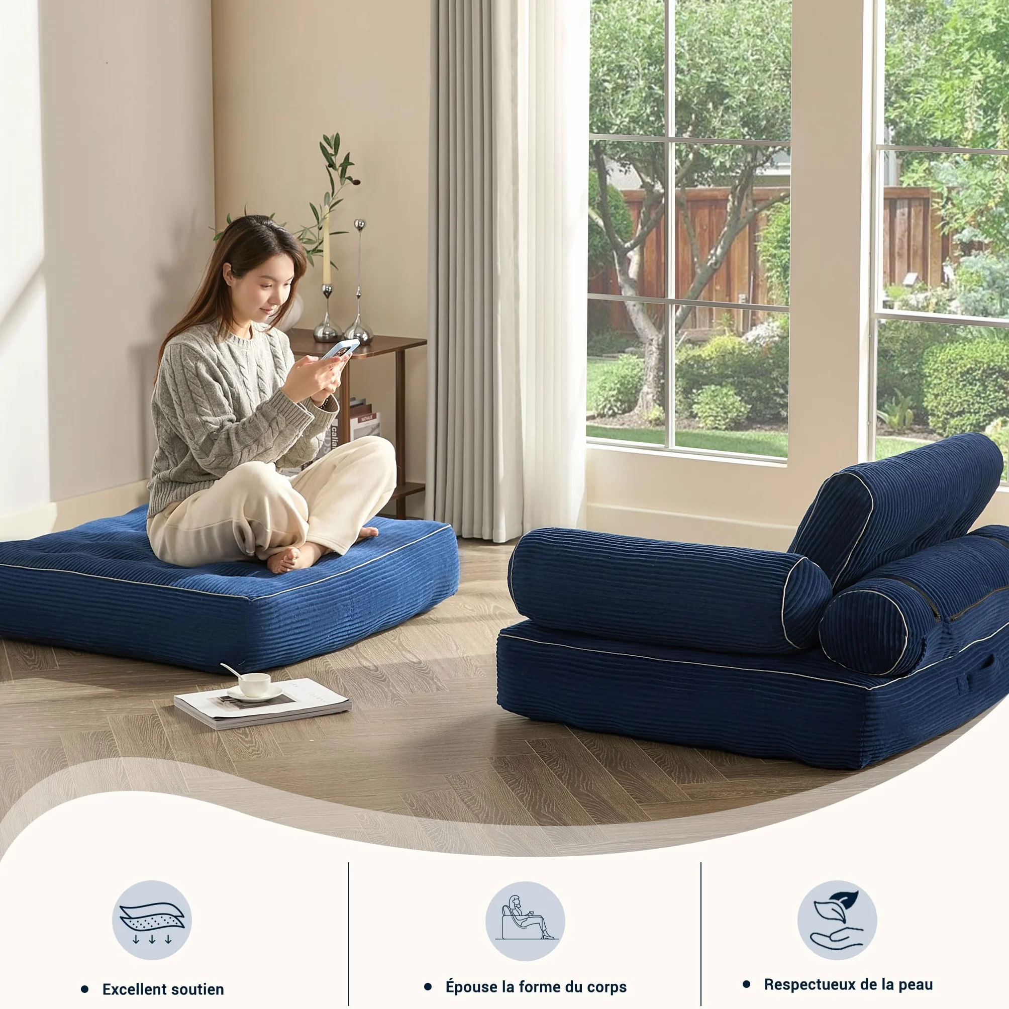 Sillón Cama Individual Plegable con Respaldo y Espuma viscoelástica, sofá de Suelo Tipo futón Convertible en colchón, Ideal para salón, Dormitorio u Oficina