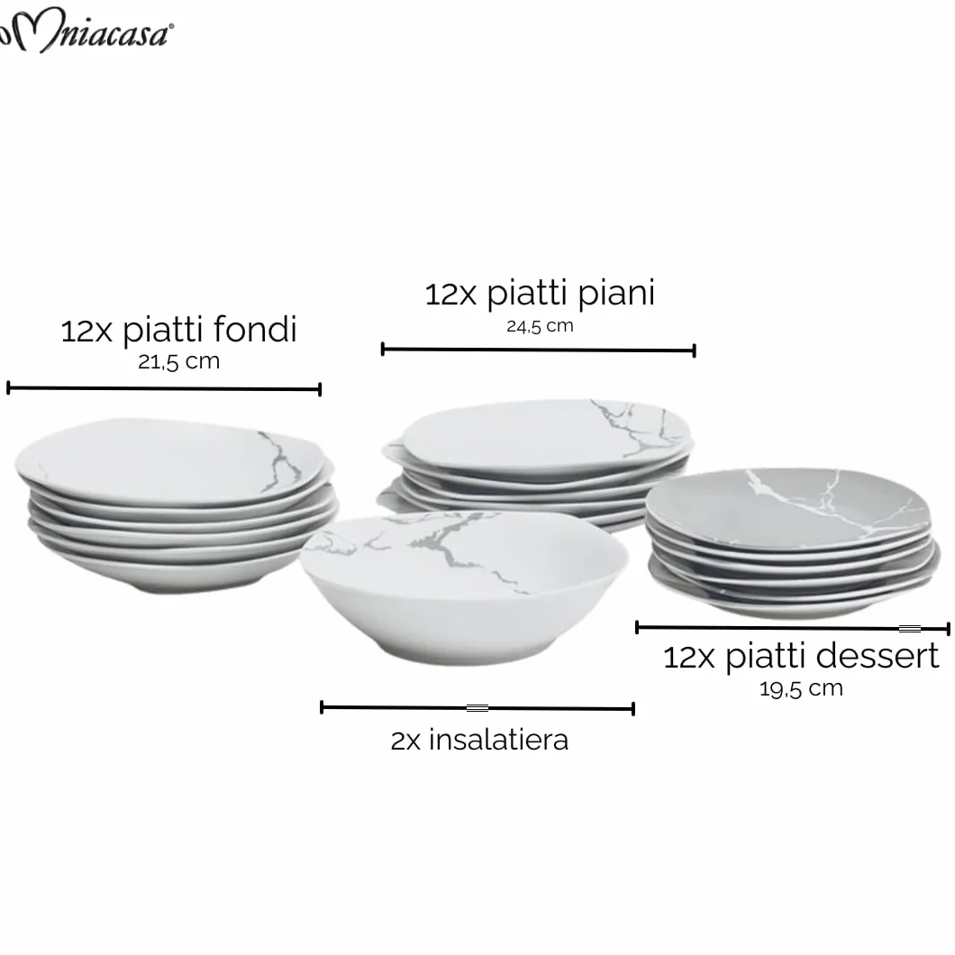 Vajilla de 38 piezas para 12 personas | Resistente porcelana blanca y gris, diseño moderno marmolado, elegante refinado, uso diario, ocasiones especiales, lavable en lavavajillas