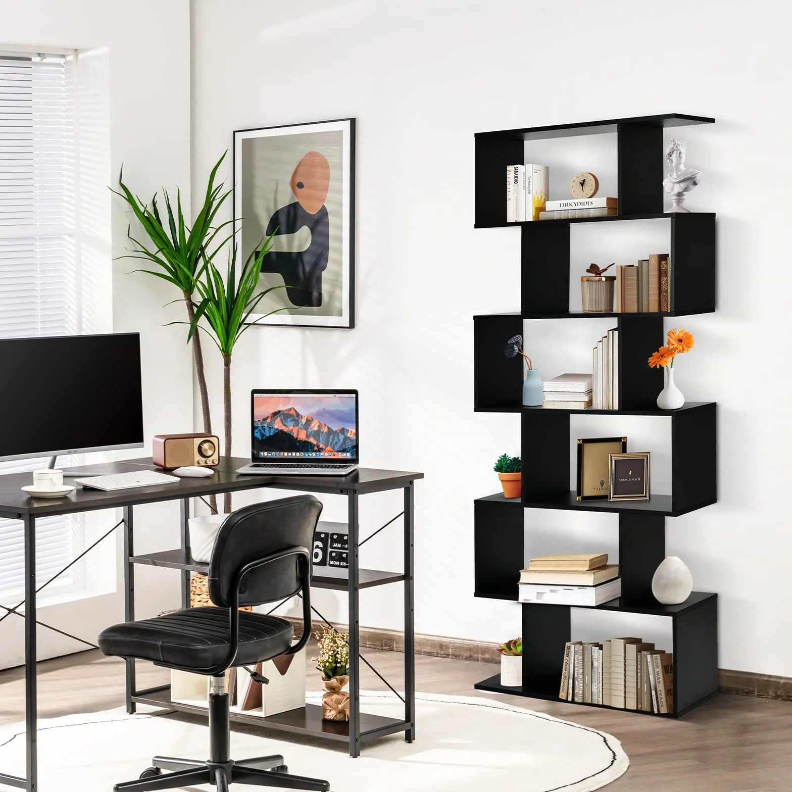 GIANTEX Librería en Forma de S, Estantería para Libros con 6 Estantes, 80 x 23 x 191 cm, Estantería de Almacenamiento Multifuncional, Diseño Antivuelco, para Salón, Estudio (Negro)
