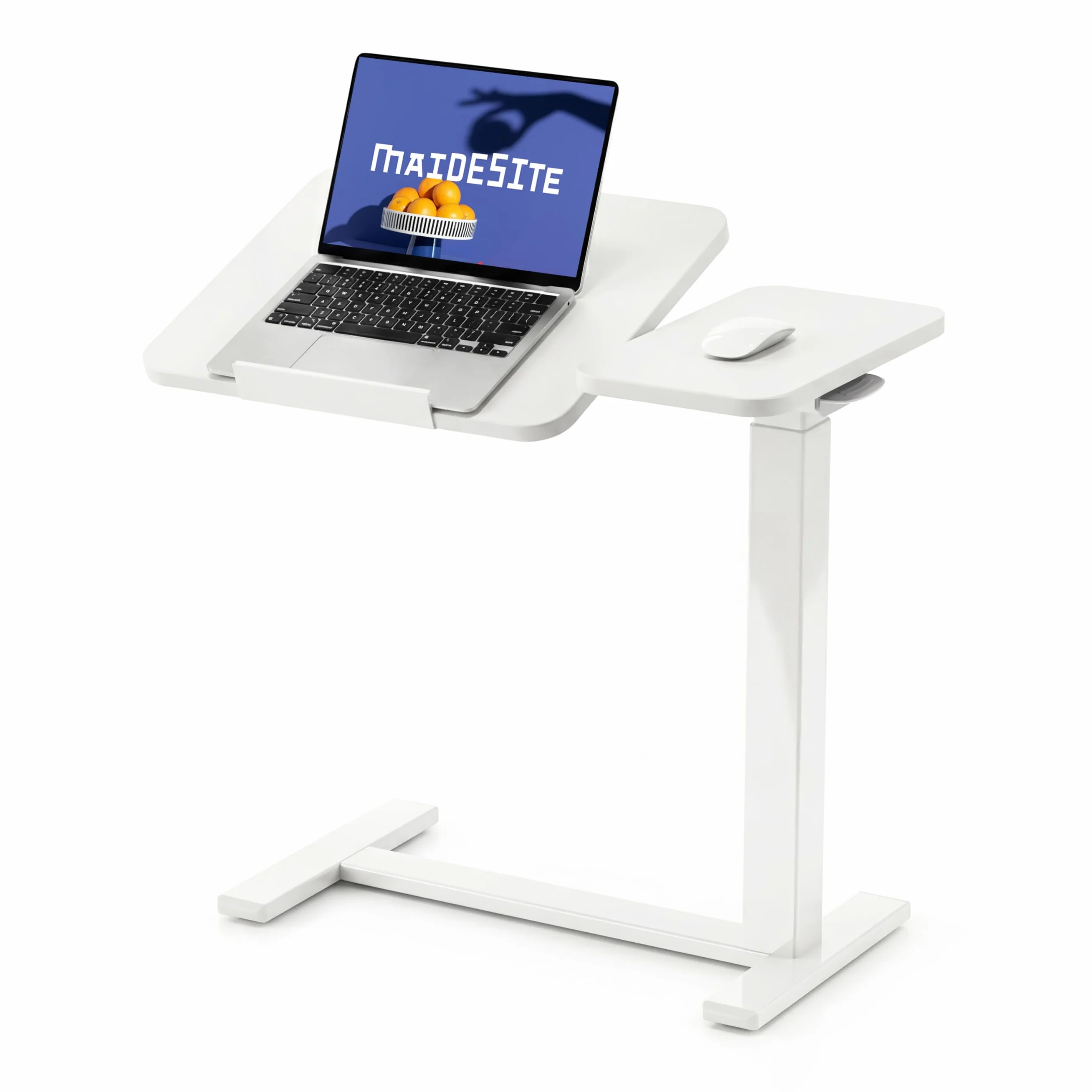 MAIDeSITe Fit Dual Mesa Auxiliar con Ruedas para Ordenador, C Forma Altura Ajustable Mesa de Cama, 70x40cm Pequeña Mesa Elevadora Rodante con Superficie Dividida y Ruedas para Salón Dormitorio