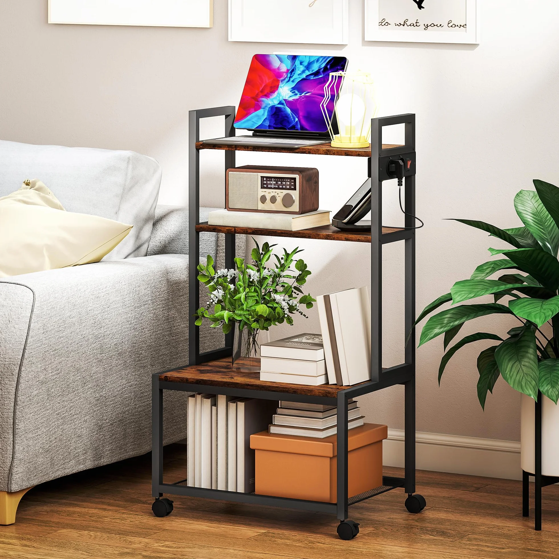 HOMCOM Soporte para Impresora con Estación de Carga Mueble para Impresora de 4 Niveles con Ruedas y Marco Metálico para Oficina Casa Escuela Marrón Rústico