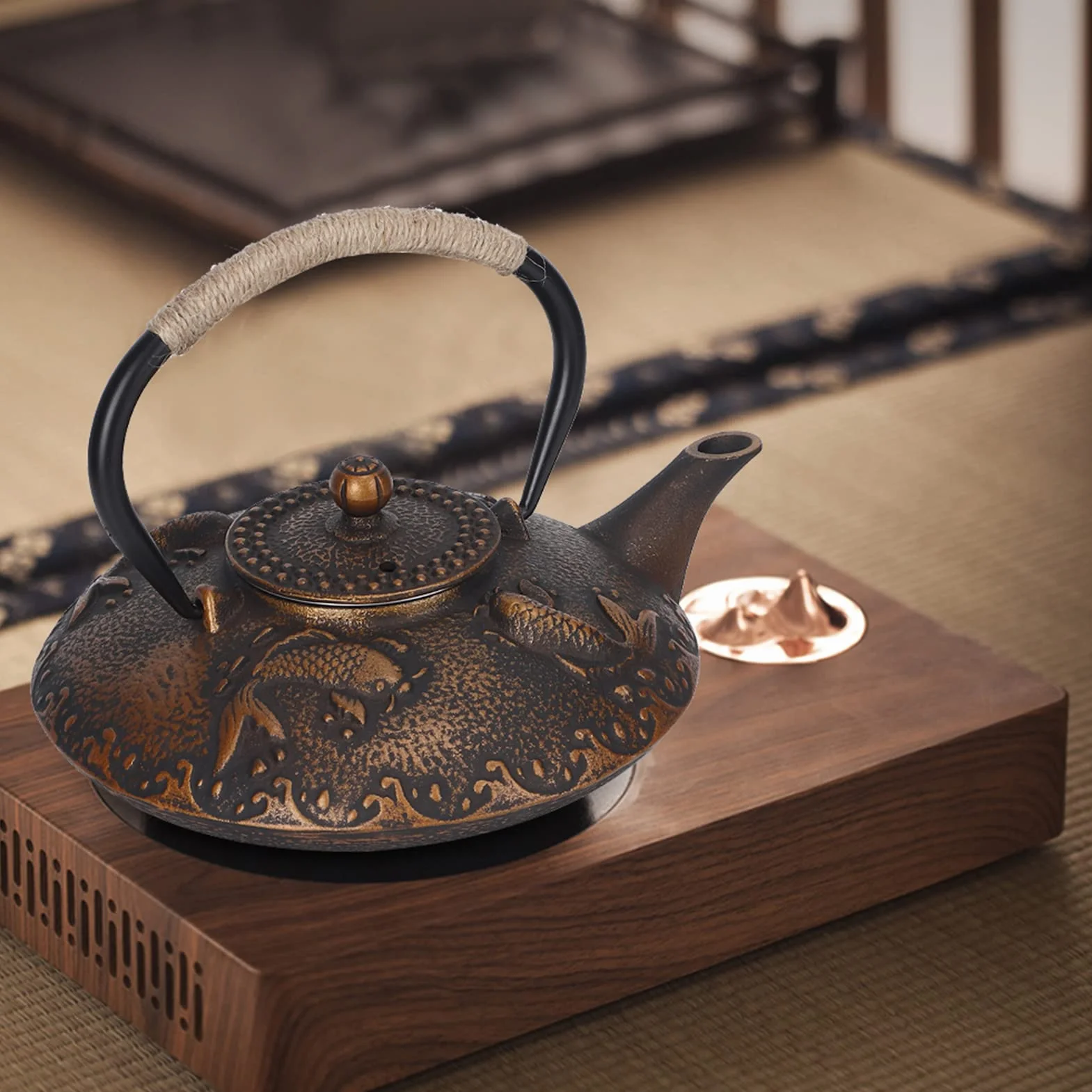 Tetera De Hierro Fundido, Tetera De Hierro Fundido De Peces Koi De Estilo Japonés Con Infusores Para Té Suelto Tetera De Metal Con Tapa 900 Ml