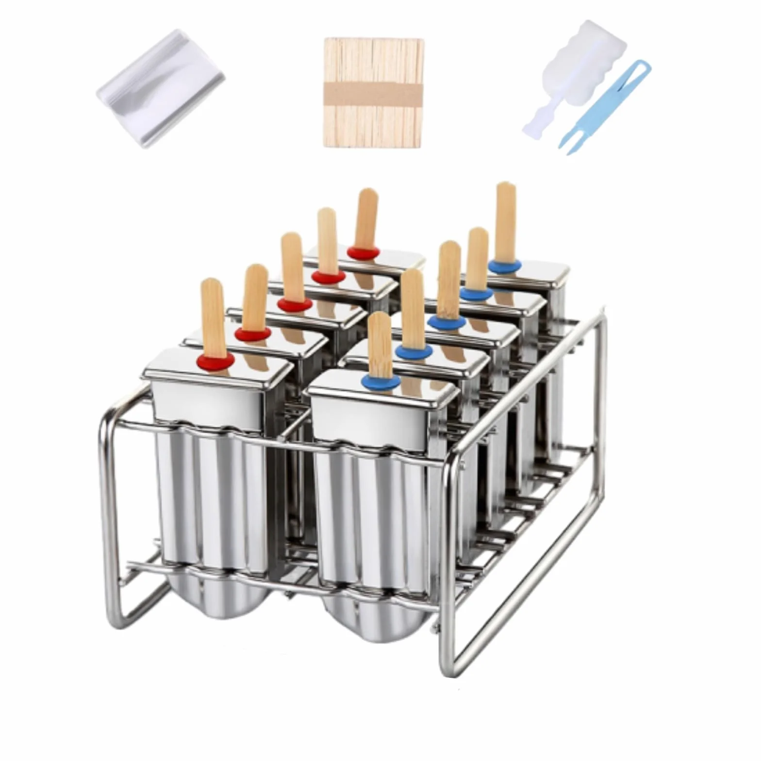 Moldes cuadrados de acero inoxidable para paletas con estante, juego para hacer paletas de hielo | Incluye 10 moldes, 100 palos de bambú, 20 bolsas de almacenamiento y cepillo de limpieza para paletas de helado caseras