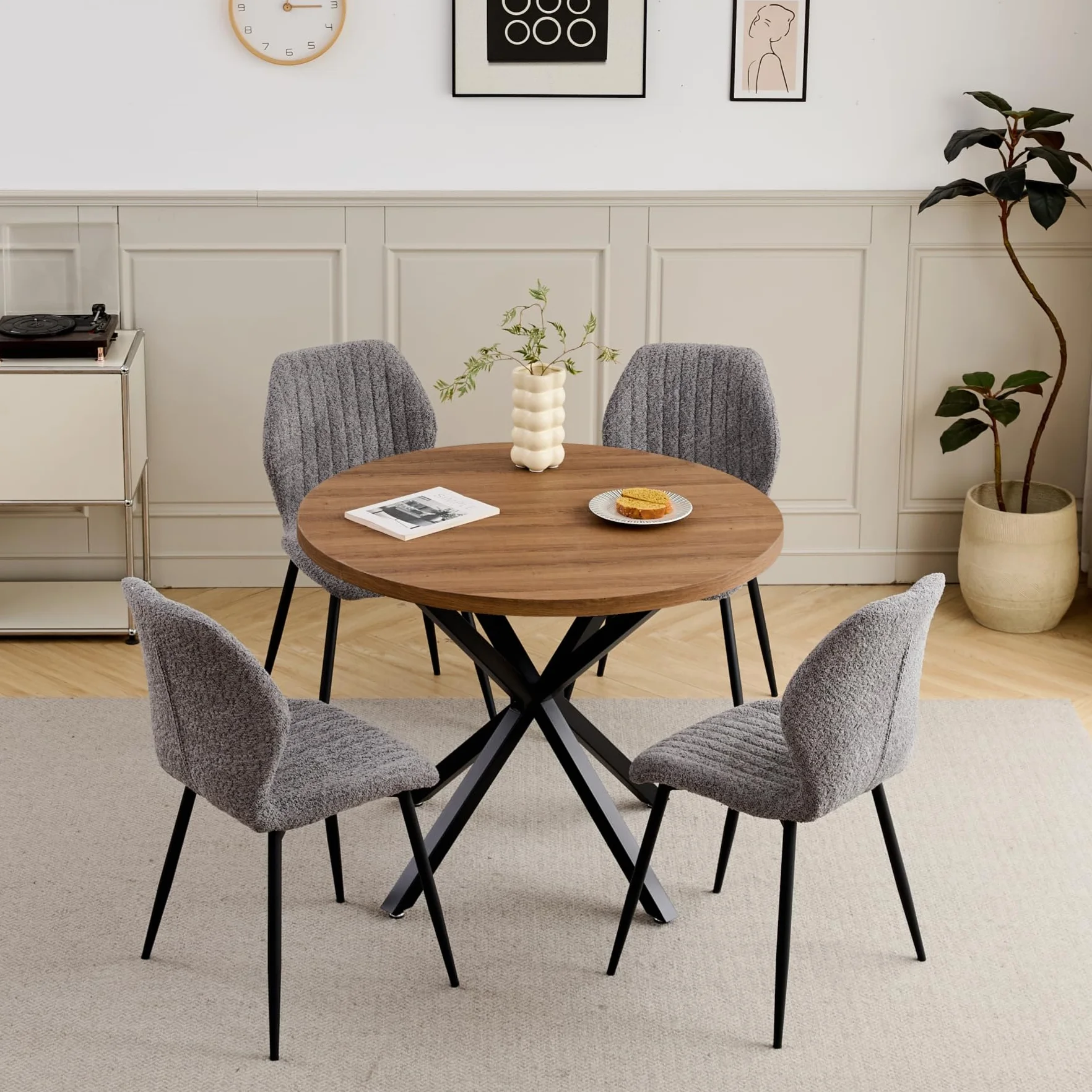 GrandCA HOME Juego de Mesa y Sillas de Comedor, Mesa de Comedor Redonda de 100 CM y 4 Sillas Modernas de Lino, para Comedor, Cocina, Sala de Estar (Oscuro + Gris)