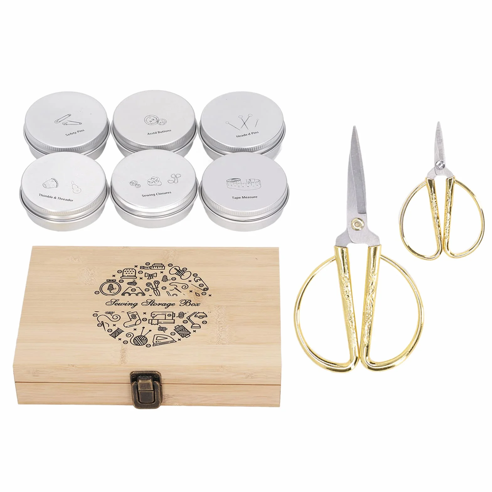 Zonizforceal Kit de costura completo de madera con cajas de hierro, set de suministros de costura para principiantes que incluye tijeras, botones, alfileres, hebillas, dedal, enhebrador y cinta