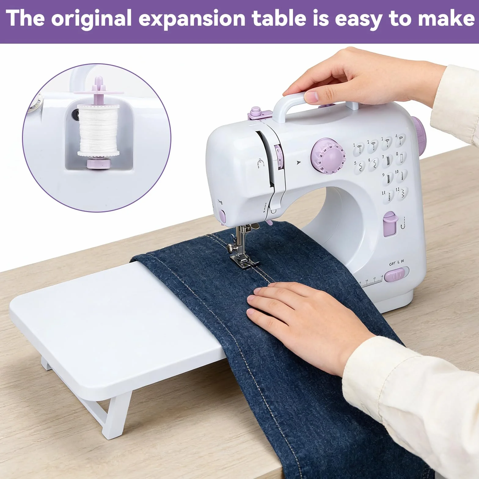 Máquina de coser eléctrica púrpura con mesa de extensión, juego de 11 prensatelas y kit de costura de 97 piezas, pedal de 2 velocidades, ideal para principiantes, adultos, niños, uso doméstico