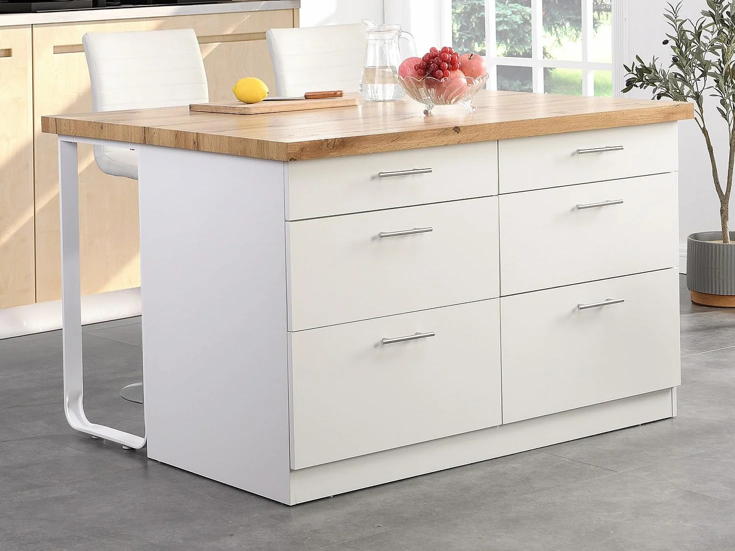 Vente-unique - Isla Central de Cocina con 6 cajones de MDF y Metal - Blanco y Natural Claro - ALEGRITA