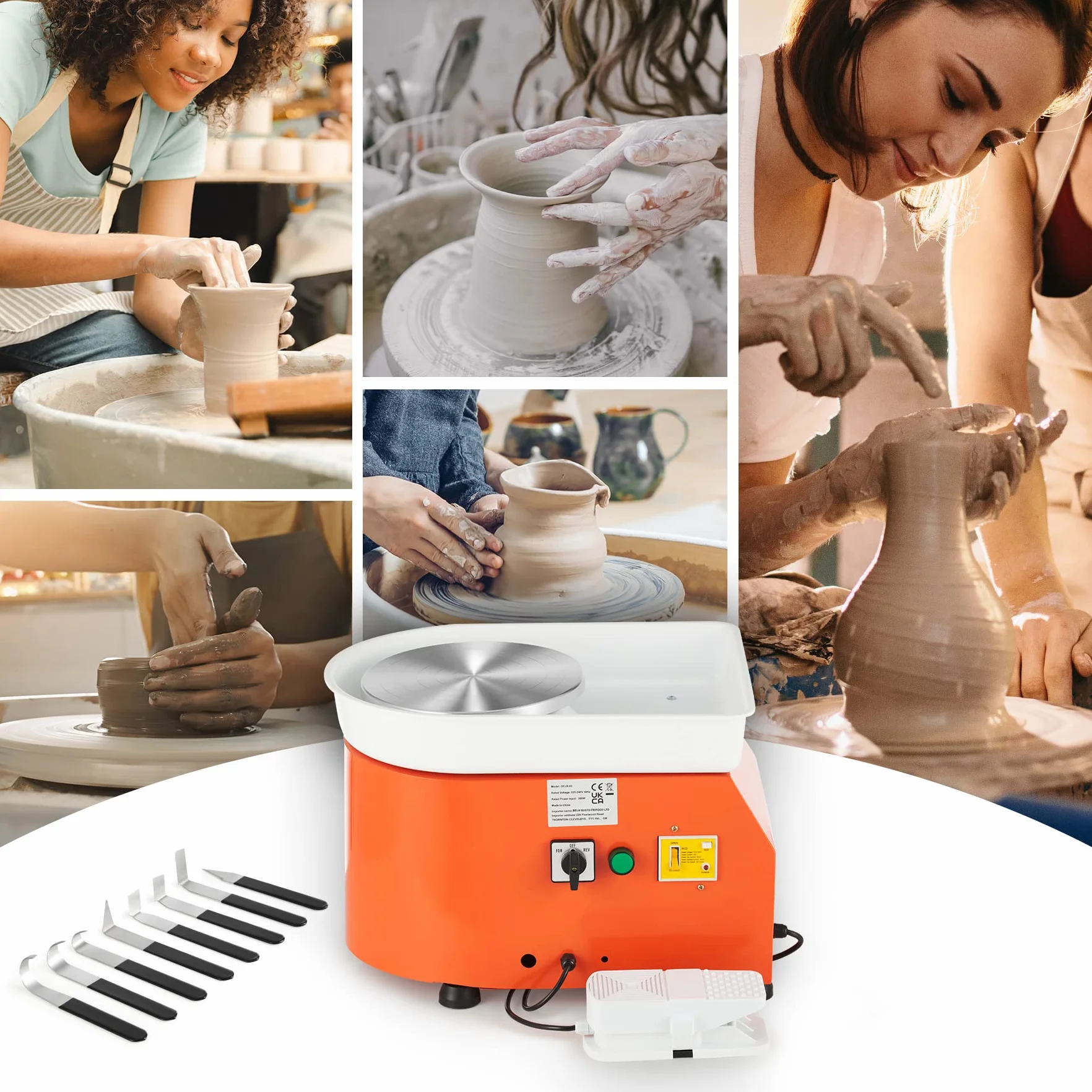 CREWORKS Torno de Alfarero 25cm Rueda de Cerámica con Pedal de Pie 350W Máquina de Rueda de Cerámica Eléctrica Motorizada 300RPM Torno Alfareria Electrico para DIY Artesanía