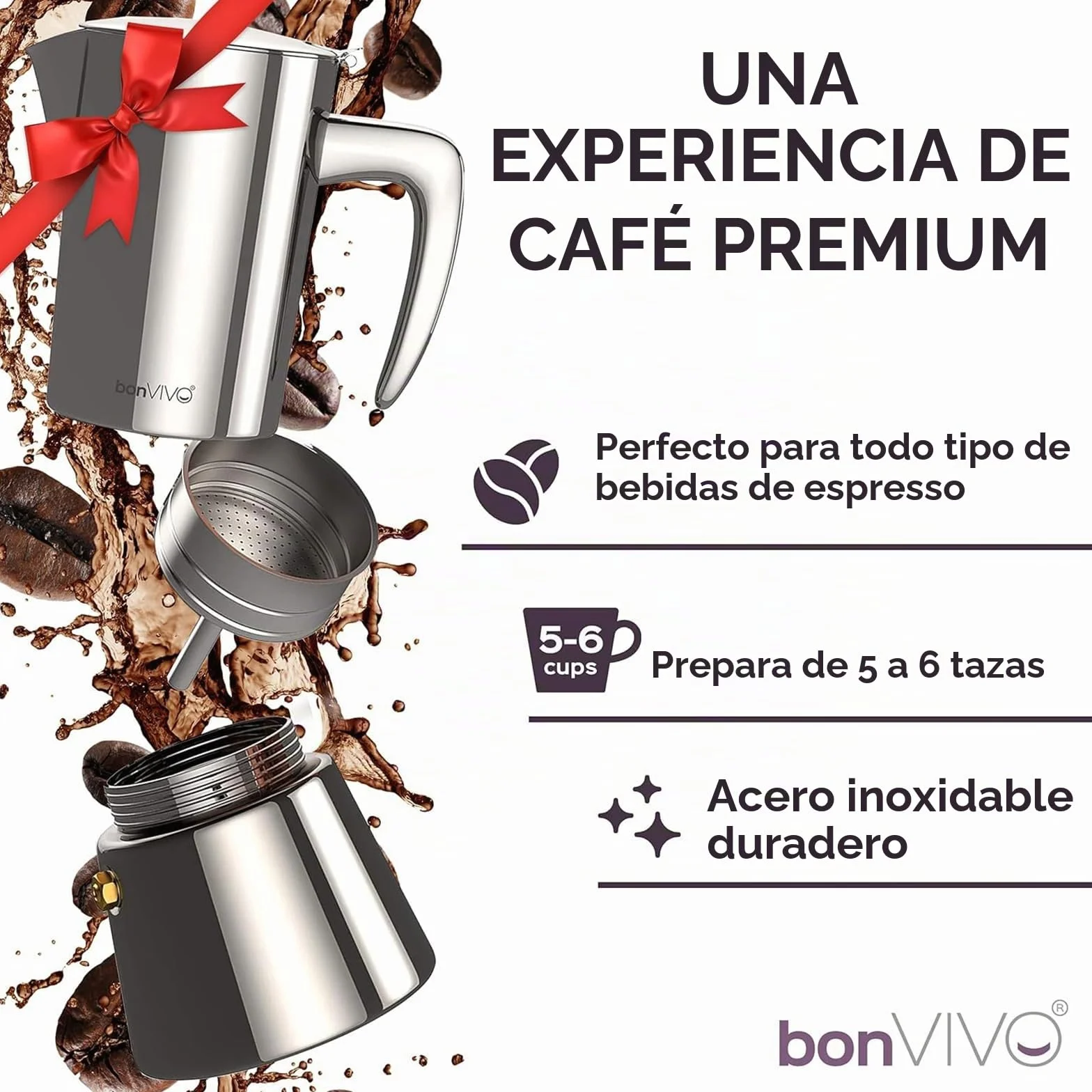 bonVIVO Cafetera Italiana – Cafetera Moka de Acero Inoxidable para Café Espresso – 6 Tazas – Compatible con Inducción, Vitrocerámica, Gas y Eléctrica – Color Cobre Elegante