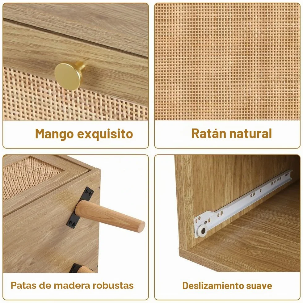Cómoda con 3 Cajones Cómoda Dormitorio Estrecha con Frontales de Ratán y Patas Elevadas Cajonera para Salón Oficina 80x40x92cm Natural