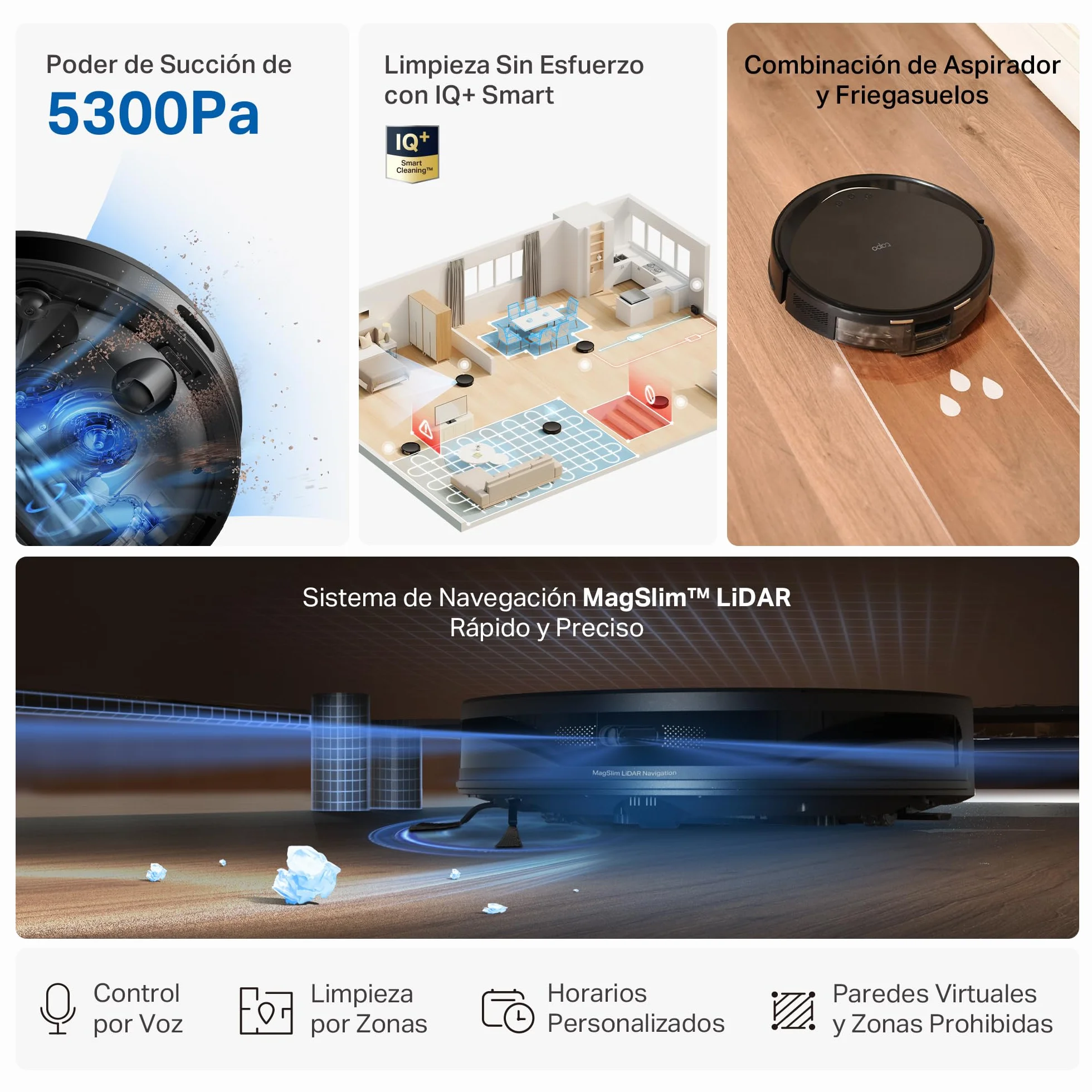 Tapo RV20 MAX White-Robot Aspirador, 4 en 1, 5300Pa, navegación LiDAR | 5300 Pa de Succión. Navegación Láser LiDAR. Fregado 4 en 1. Control App Tapo. Control Voz Alexa/Google.