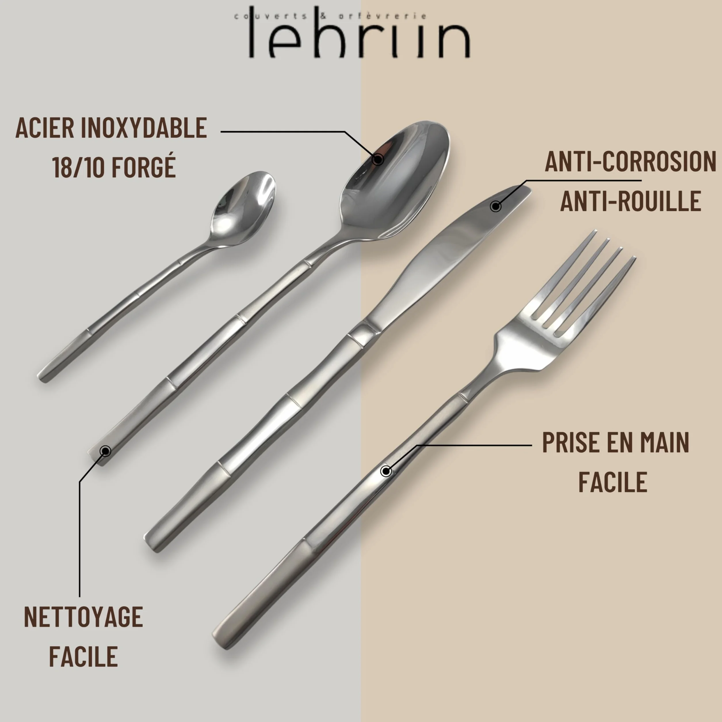 Lebrun Cubiertos BAMBOU – Cubertería de 24 piezas – Vajilla para 6 personas – Juego de 6 tenedores, 6 cuchillos de mesa, 6 cucharadas, 6 cucharaditas – Diseño moderno – Marca francesa