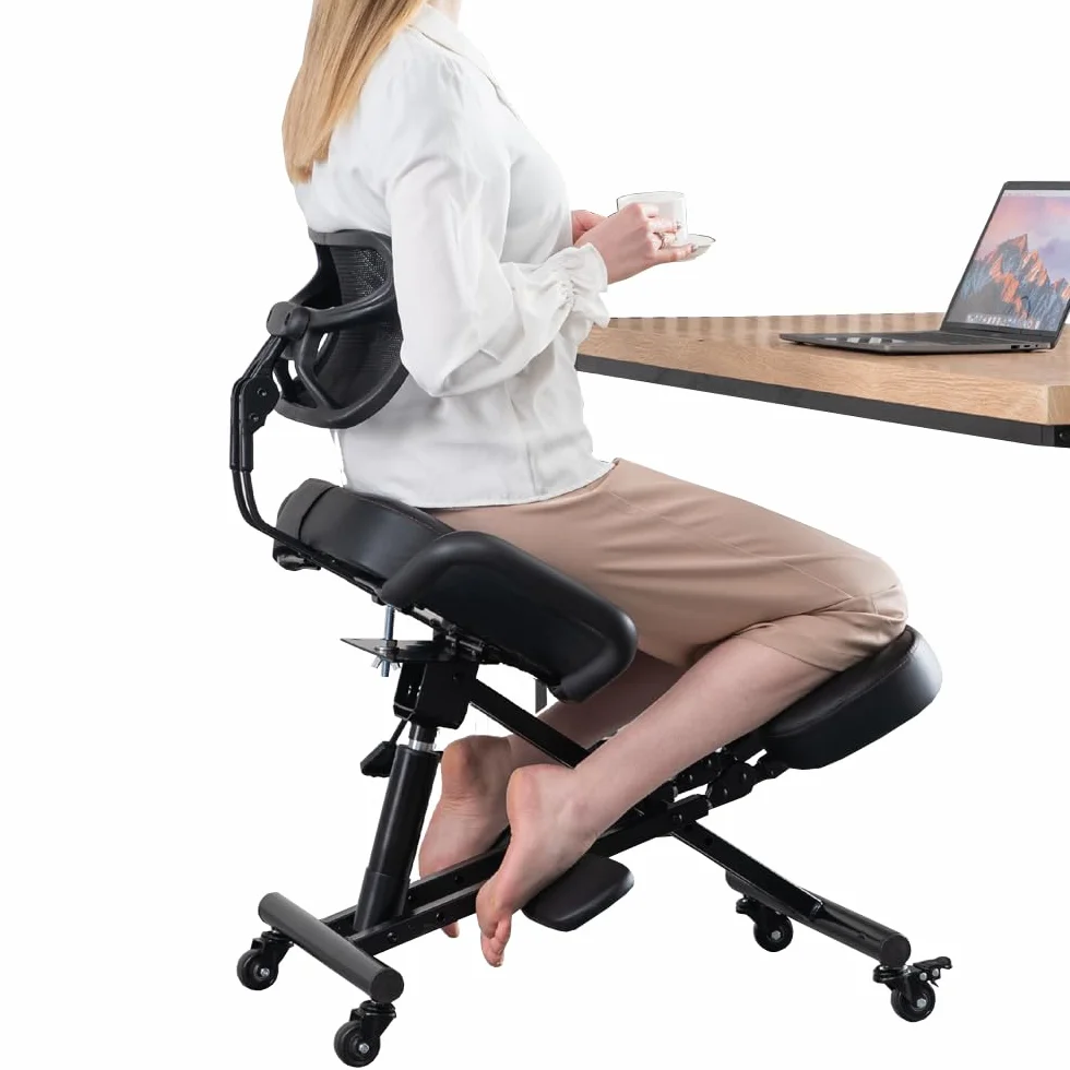 Silla de rodillas con respaldo ergonómica para oficina, taburete ajustable con asiento en ángulo para una mejor postura, cojines gruesos y cómodos, color negro