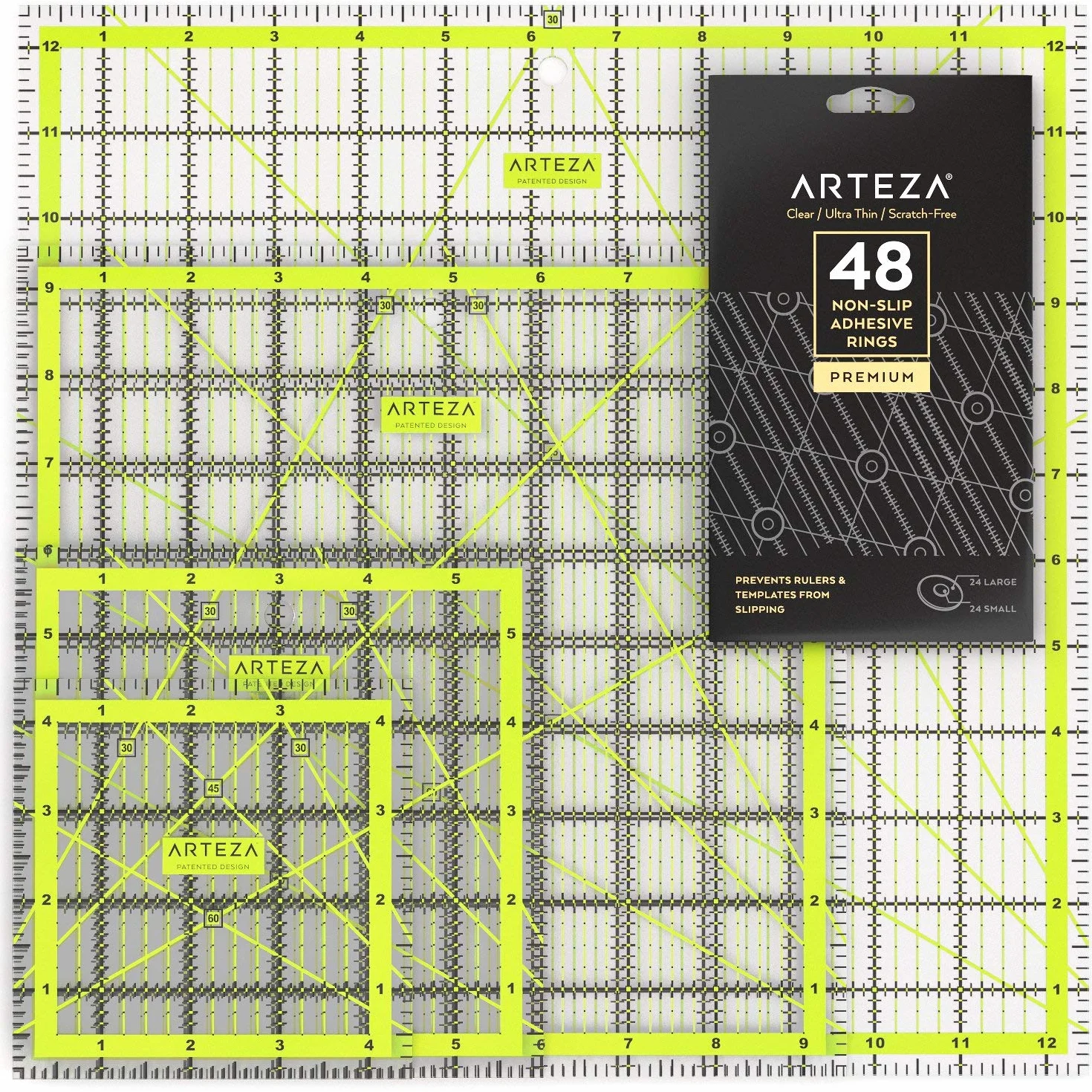 Arteza Reglas de patronaje para patchwork, set de 4 reglas de costura (4.5 "x4.5", 6 "x6", 9.5 "x9.5", 12.5 "x12.5"), alfombrillas de corte con cuadrícula de doble color y anillos antideslizantes