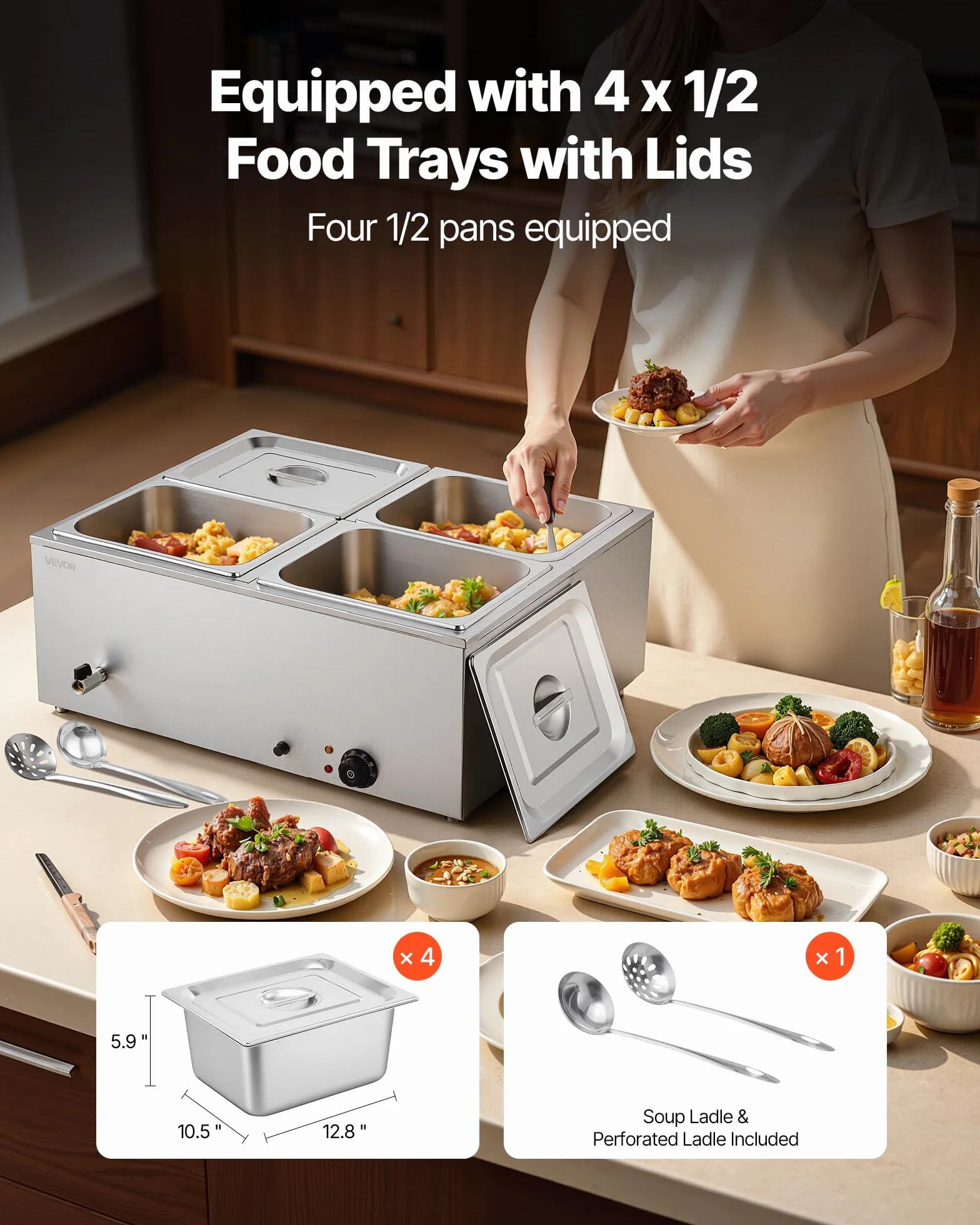 VEVOR Calentador de Alimentos 1500 W Acero Inoxidable 4 Bandejas Baño María