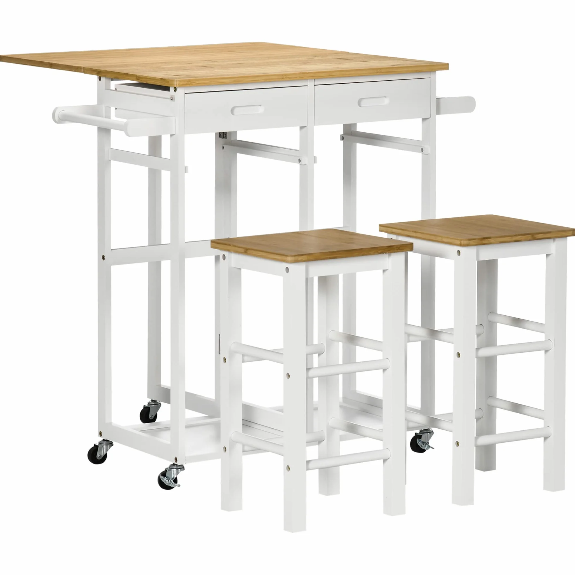 HOMCOM - Juego de mesa de bar, carrito de cocina, mesa de cocina, plegable, ruedas + 2 taburetes, color blanco y madera clara, 2 cajones y portapaños