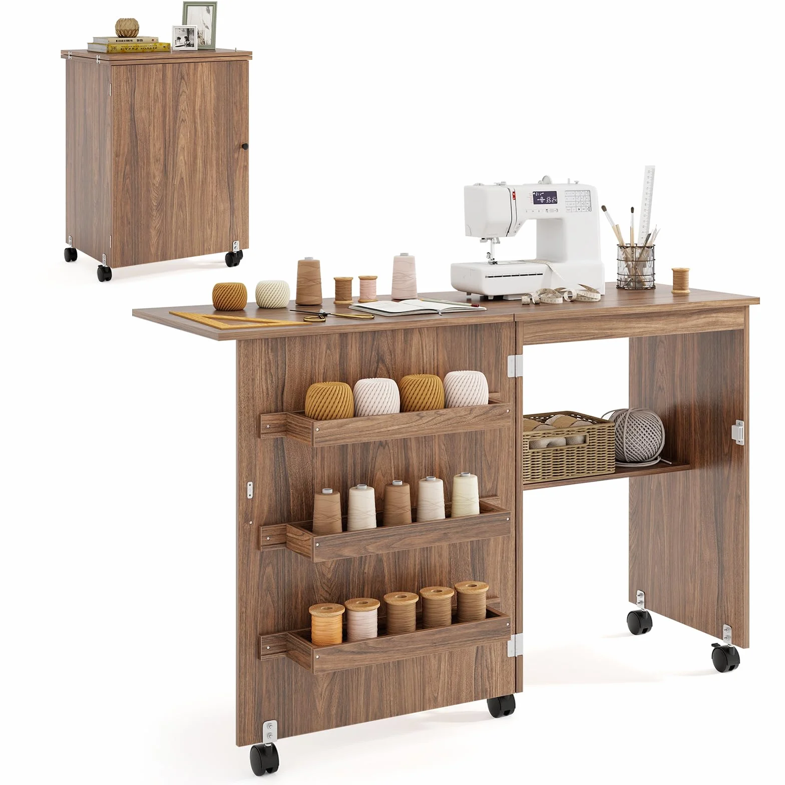 GIANTEX Armario de Costura Plegable con 5 Ruedas, Mesa de Coser con 3 Compartimentos y 1 Estante, Mueble para Máquina de Coser, Mesa Multifuncional para Manualidades, Ordenador (Marrón)