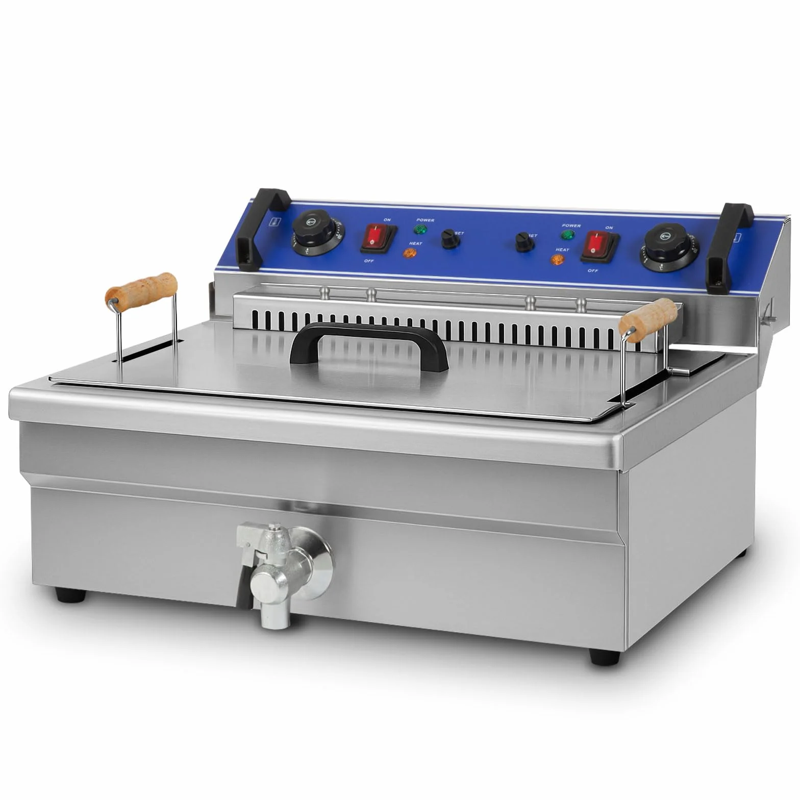 VERTES Freidora Acero Inoxidable 25L, 5000W, 230V, Principio de zona fría, Temperatura ajustable sin escalonamientos 50-250°C, Grifo de vaciado, Cesta de freír, Botón de reinicio
