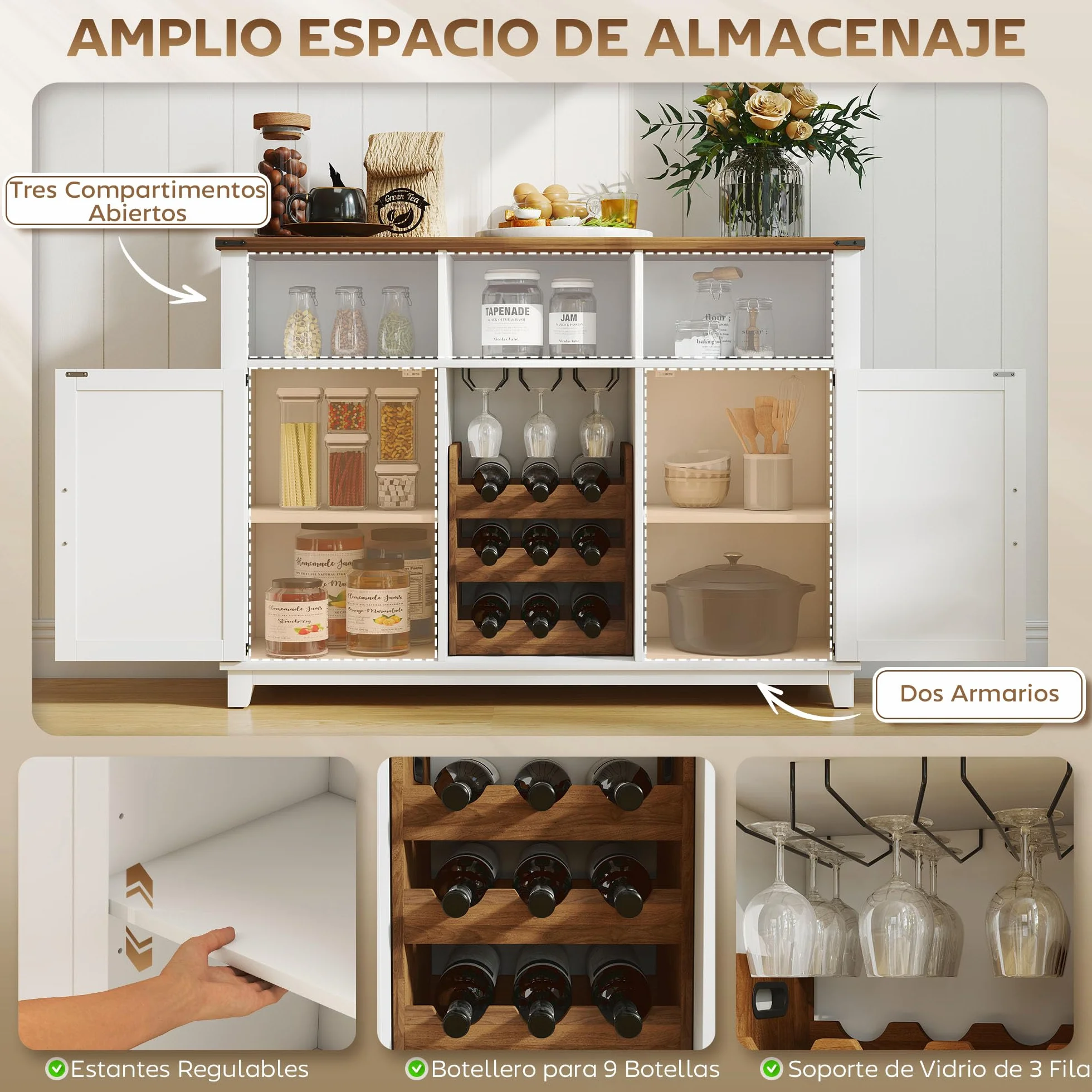 HOMCOM Aparador de Cocina con Botellero, 2 Puertas de Granero, Estantes Ajustables, Soporte para Copas para 9 Botellas, 120x37x88 cm Blanco