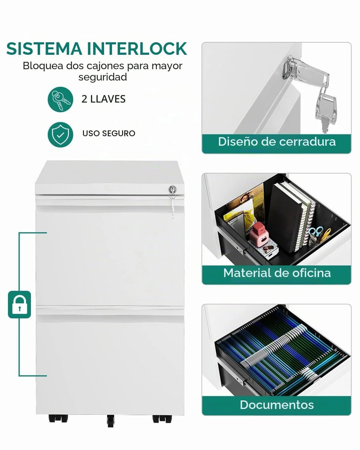 YITAHOME Archivador móvil con 2 cajones con cerradura, archivador antivuelco con rueda para oficina en casa, blanco, 51x39x71 cm