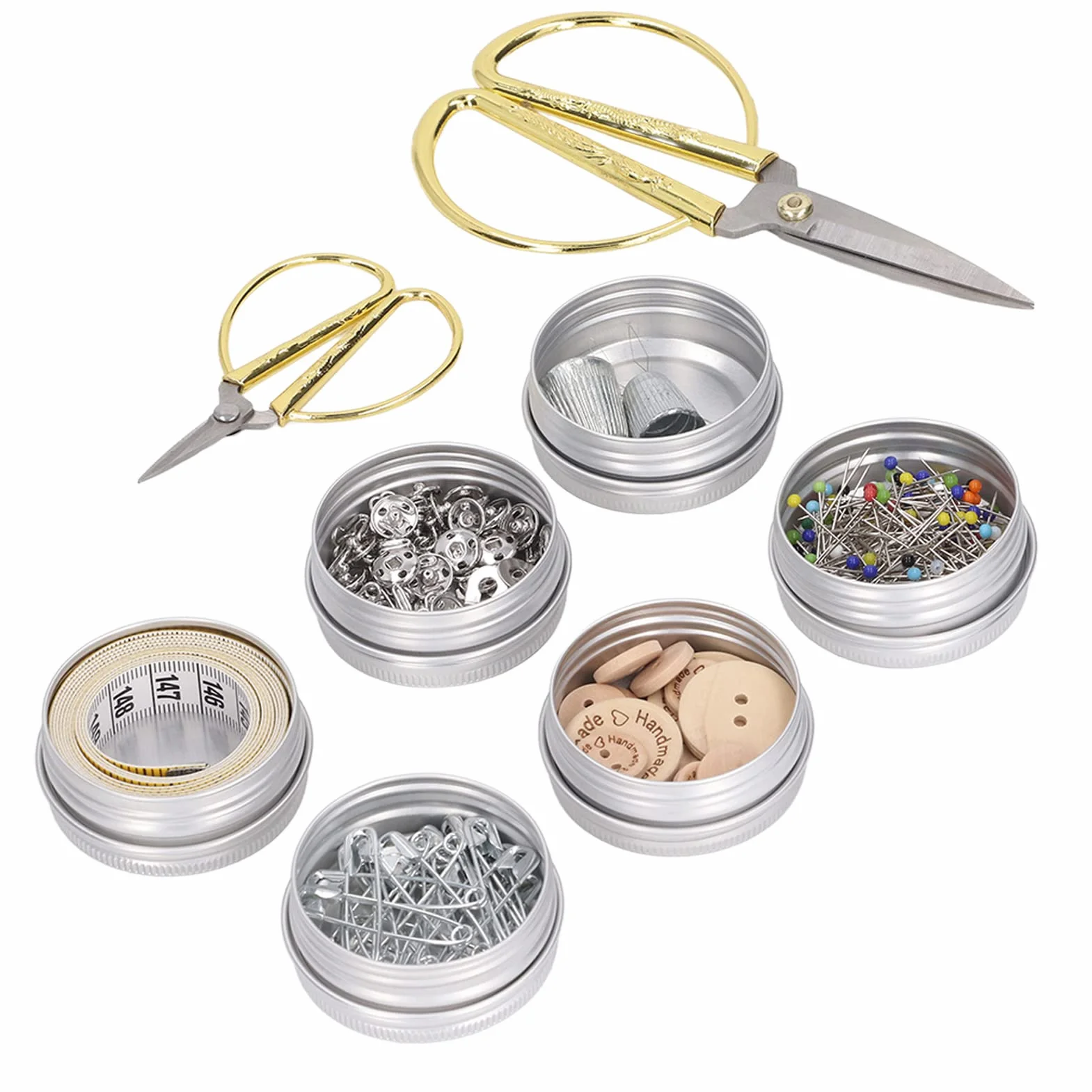 Zonizforceal Kit de costura completo de madera con cajas de hierro, set de suministros de costura para principiantes que incluye tijeras, botones, alfileres, hebillas, dedal, enhebrador y cinta