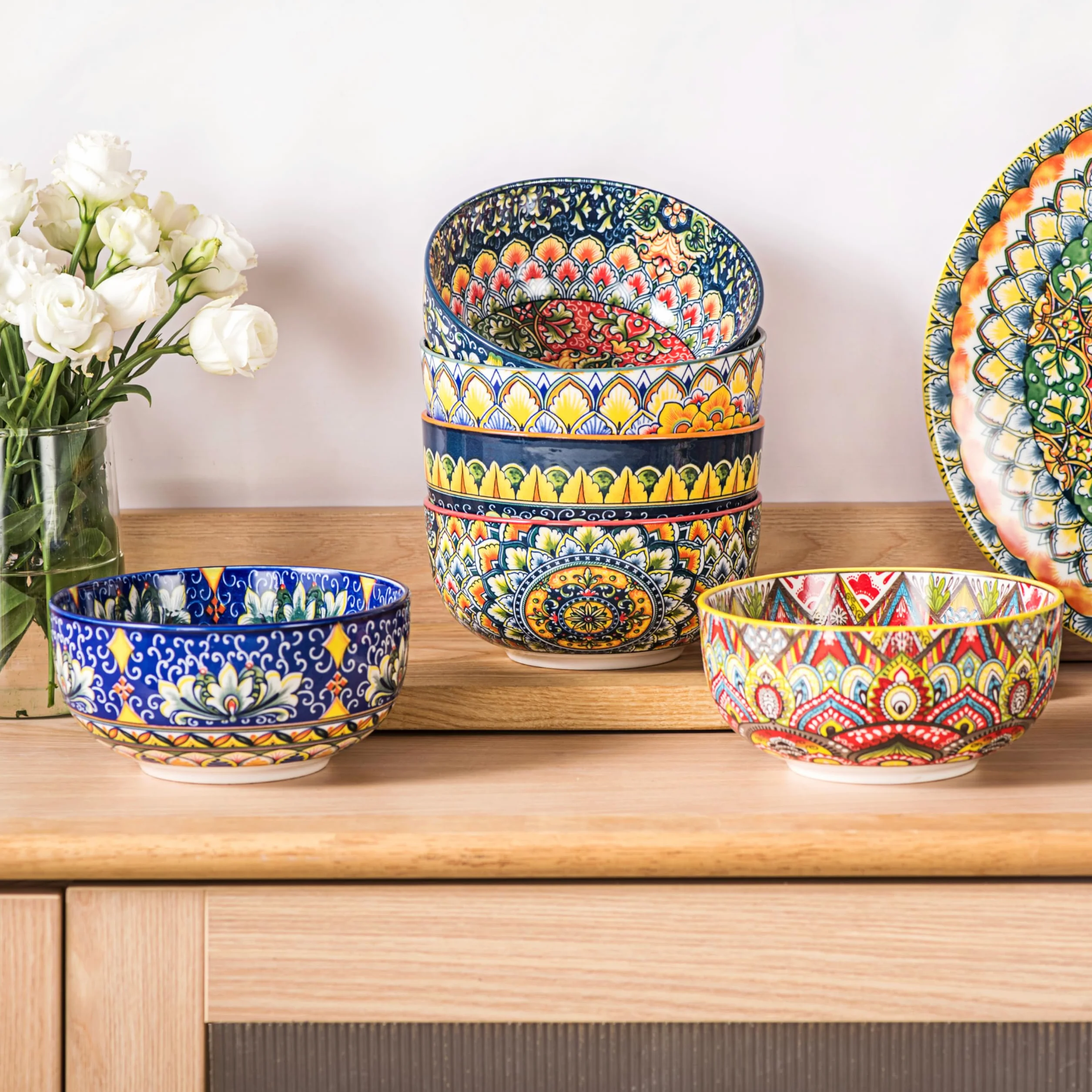 Henten Home Cuencos de Porcelana, 830ml Platos para Ensalada, Juego de Ensaladera Grande, Tazón de Frutas, Apto para Lavavajillas e Microondas, Estilo bohemio