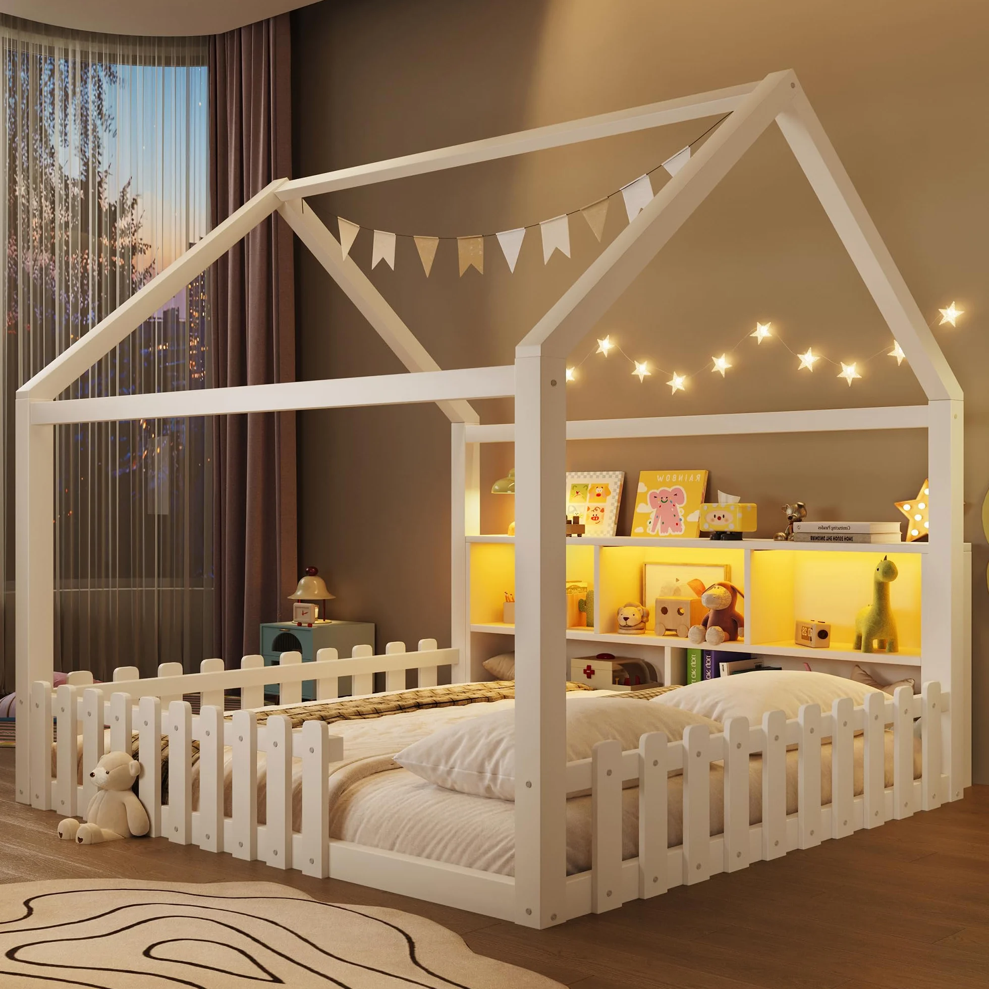 Cama Montessori 140x190 con Barrera y Luz LED, Camas Infantiles con Diseño de Casa y Compartimentos Abiertos, Cama Casita Criança Camas Cuna Niño Niña con Listones de Madera, Sin Colchón, Blanco