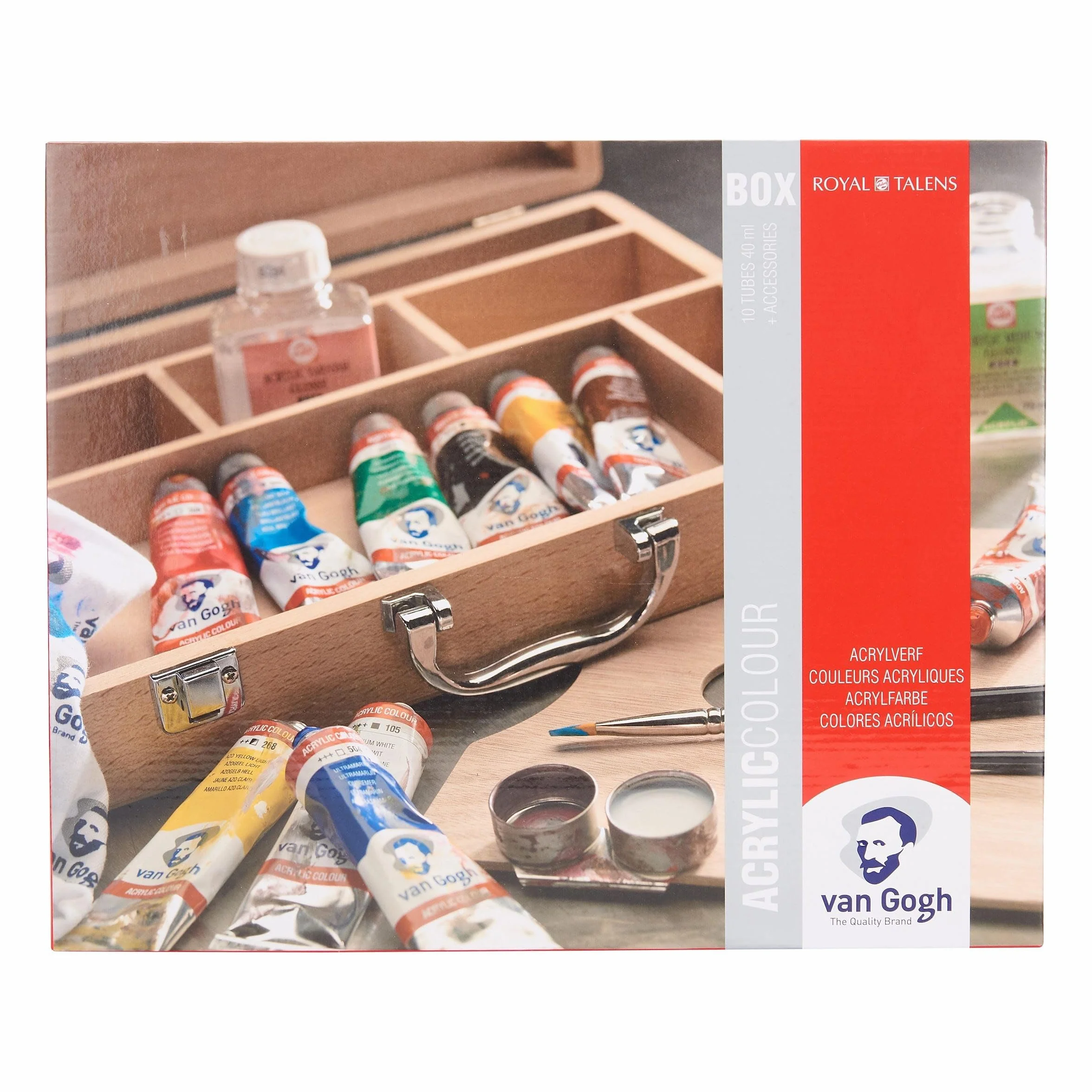 CAJA ACRILICO VAN GOGH BASICA - Set de pinturas acrílicas en una caja de madera básica con 10 colores en tubos de 40 ml + accesorios