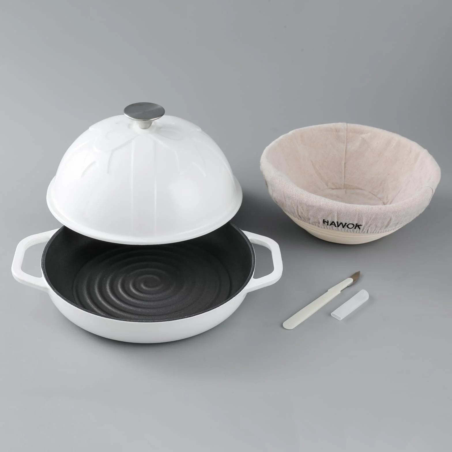 HAWOK Horno de pan de hierro fundido esmaltado DIA.10" con cesta para hacer pan blanco