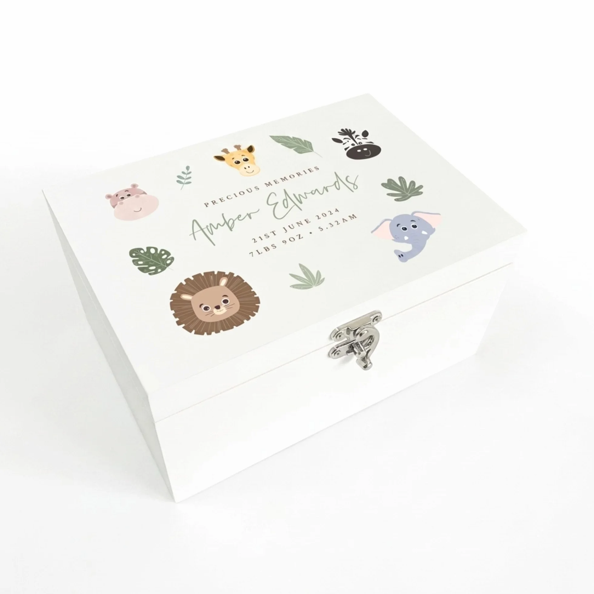 Caja de recuerdos personalizada de madera blanca con animales de la selva | Baby Shower, nuevo bebé | 27 x 19 x 14 cm