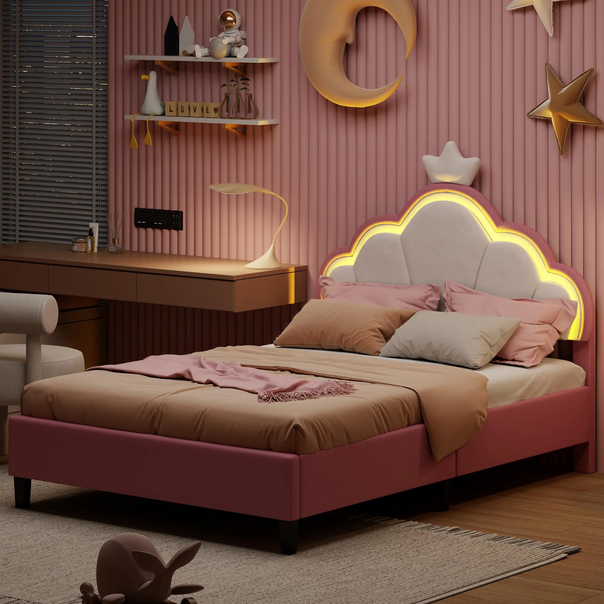 LIVLUX Cama acolchada, 140 x 200 cm, cama de princesa con cabecero LED ajustable y somier, para niñas, diseño de corona, para niños y adolescentes, terciopelo (Rosa, 140 x 200 cm)