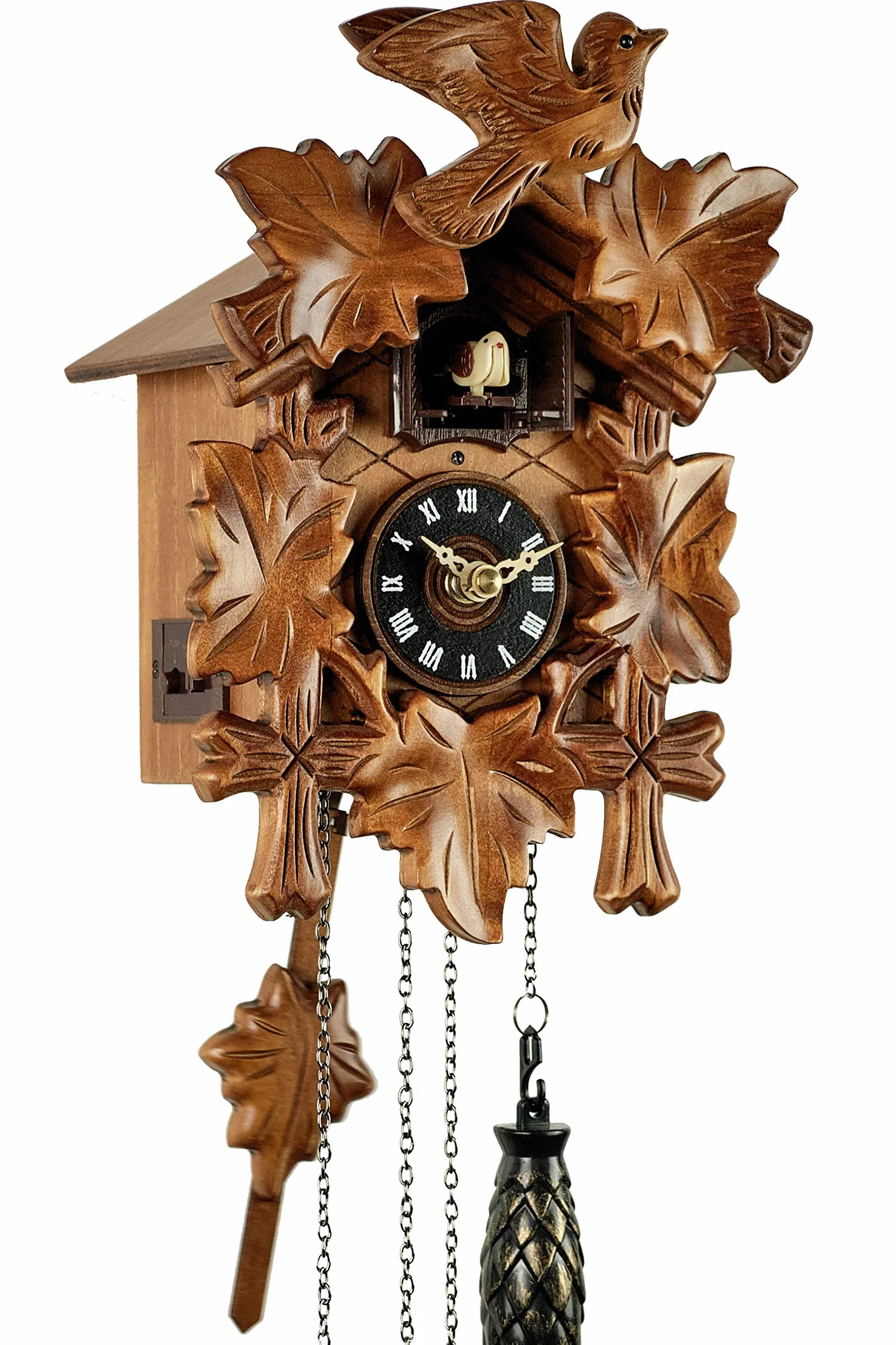 'Uhren-Park Eble' - Reloj de cuco de la Selva Negra - Movimiento de cuarzo a pilas - Campana de cuco - 10 melodías diferentes - Madera real - 5 hojas - 22 cm