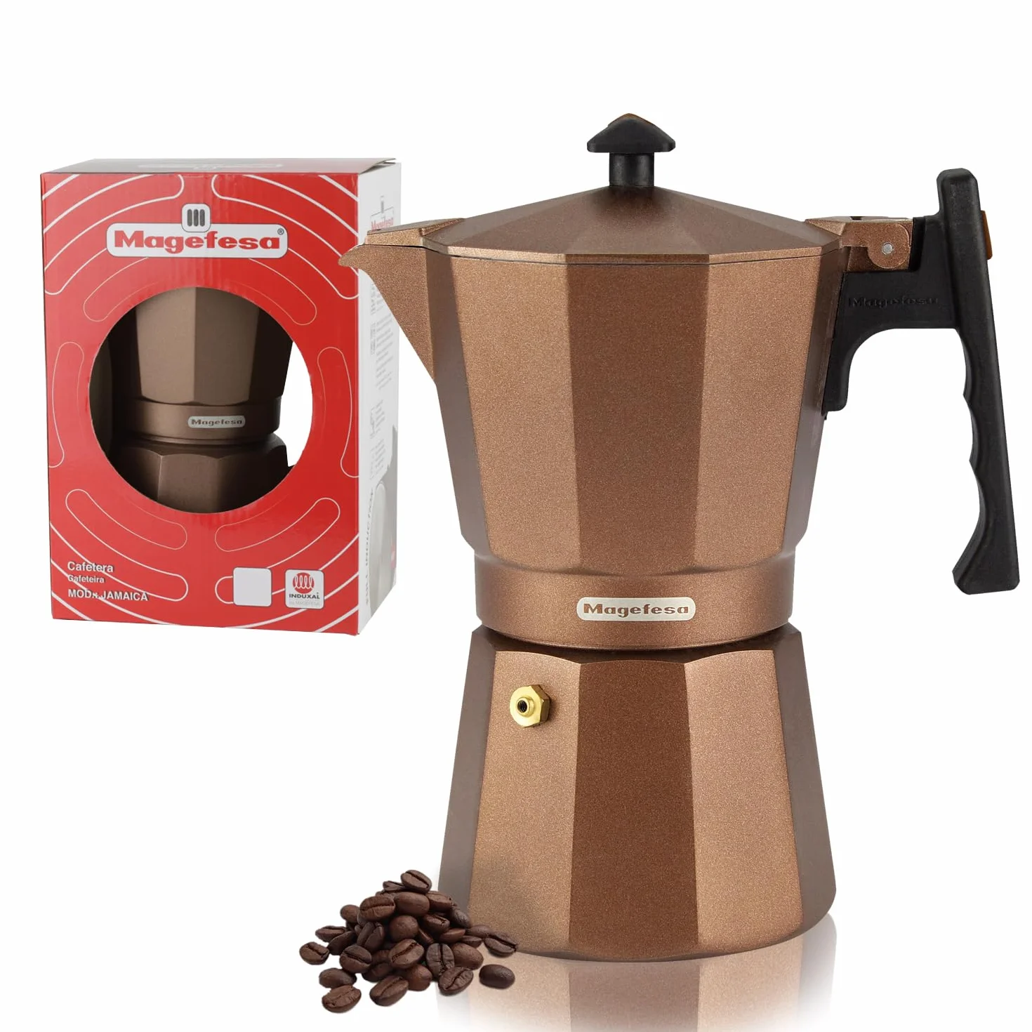 MAGEFESA Jamaica Brown - Cafetera espresso Moka para estufa, 9 tazas/15 onzas, cafetera italiana para café cubano, aluminio extragrueso, mango resistente al calor, adecuada para inducción, cafetera