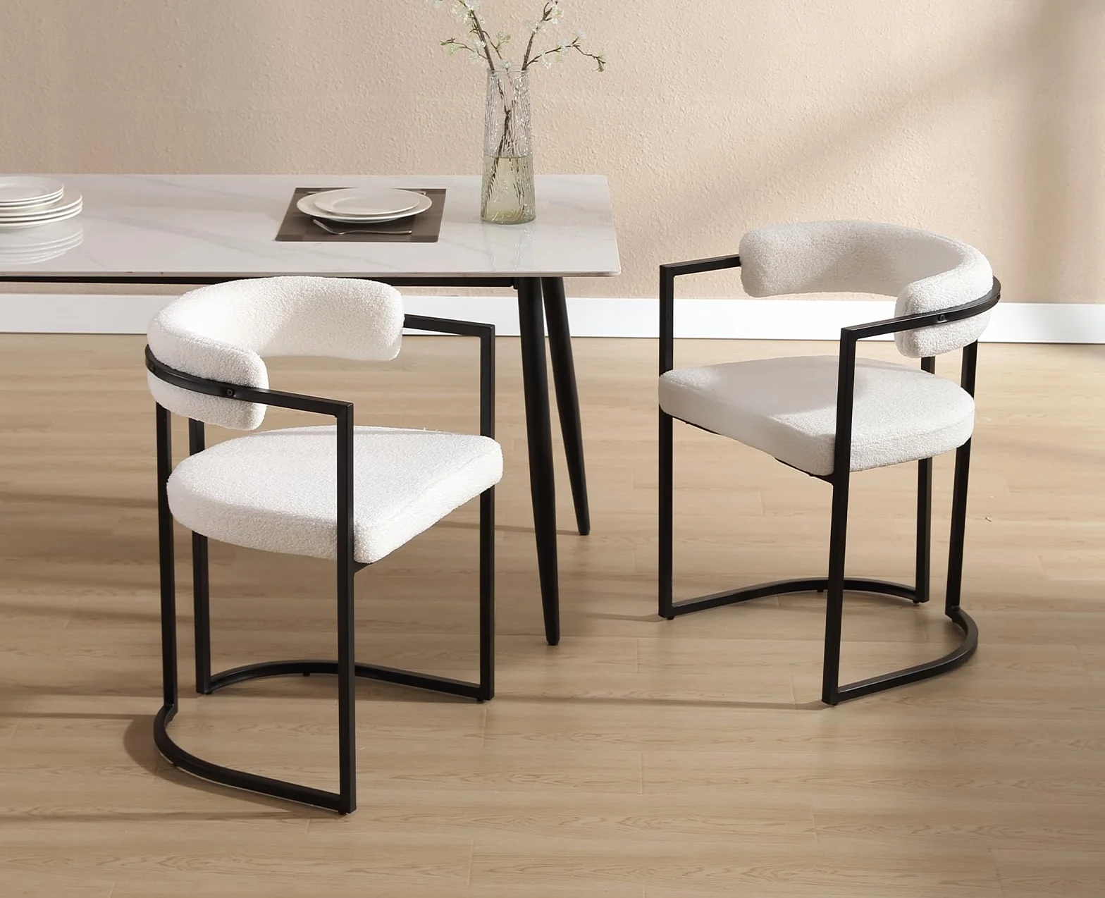 chairus Juego de 2 Sillas de Comedor de Lana Sintética Silas Laterales con Respaldo Curvado, Silla de Cocina con Marco de Metal Silla Decorativa Moderno para Hogar/Restaurante, Blanco