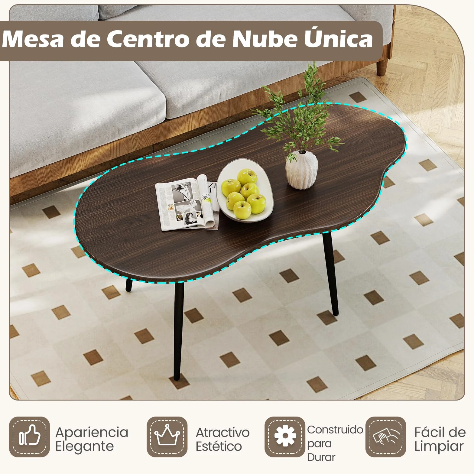 COSTWAY Mesa de Centro con Forma de Nube, Mesita Central Irregular Moderna con Estructura Metálica, Mesita Auxiliar de Madera Decorativa para Saon Oficina Espacios Pequeños, 100 x 50 x 44 cm (Nogal)