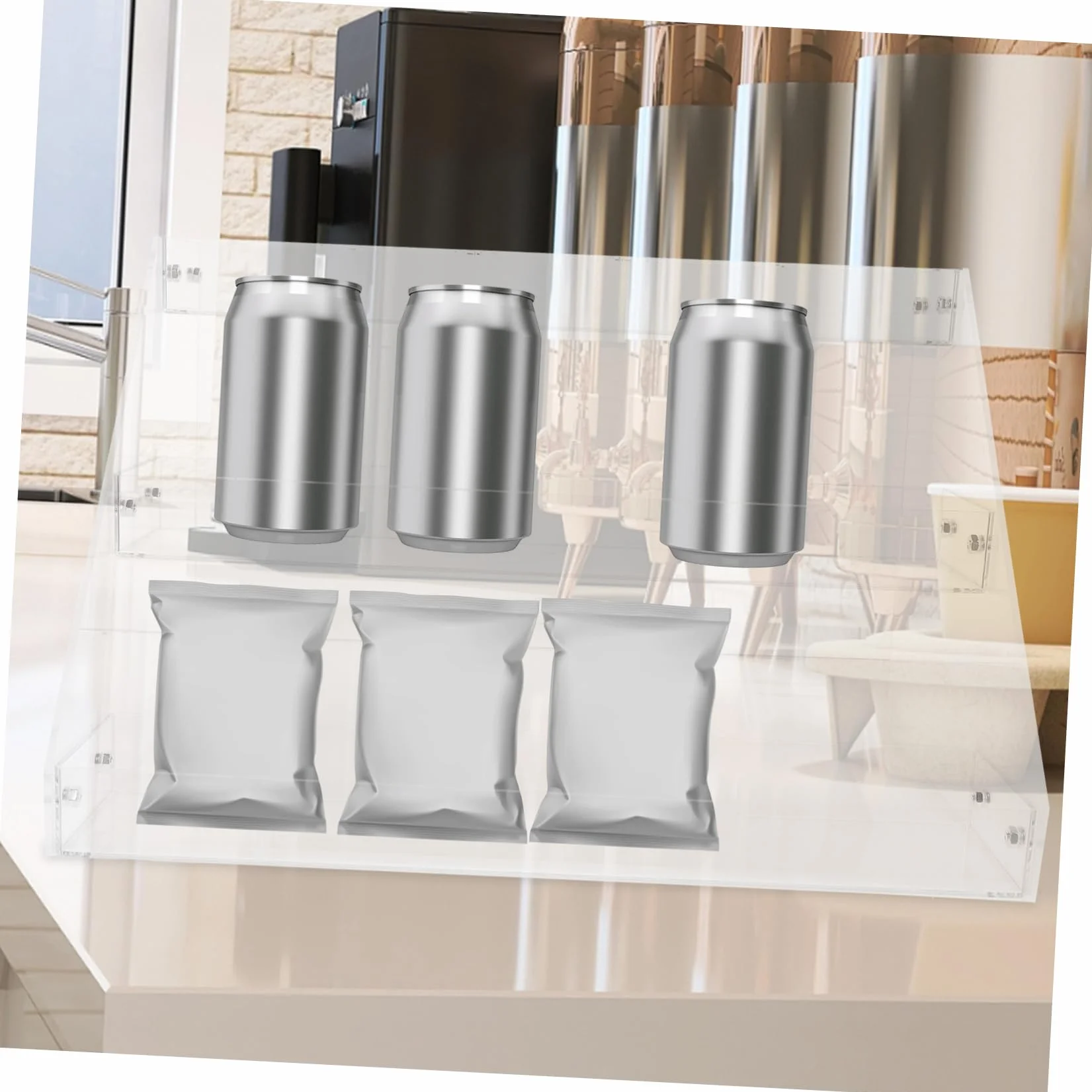 Estante acrílico para exhibición de bebidas, estante de almacenamiento de escritorio para bebidas y aperitivos, tienda minorista perfecta y elegante escaparate para productos de mercado