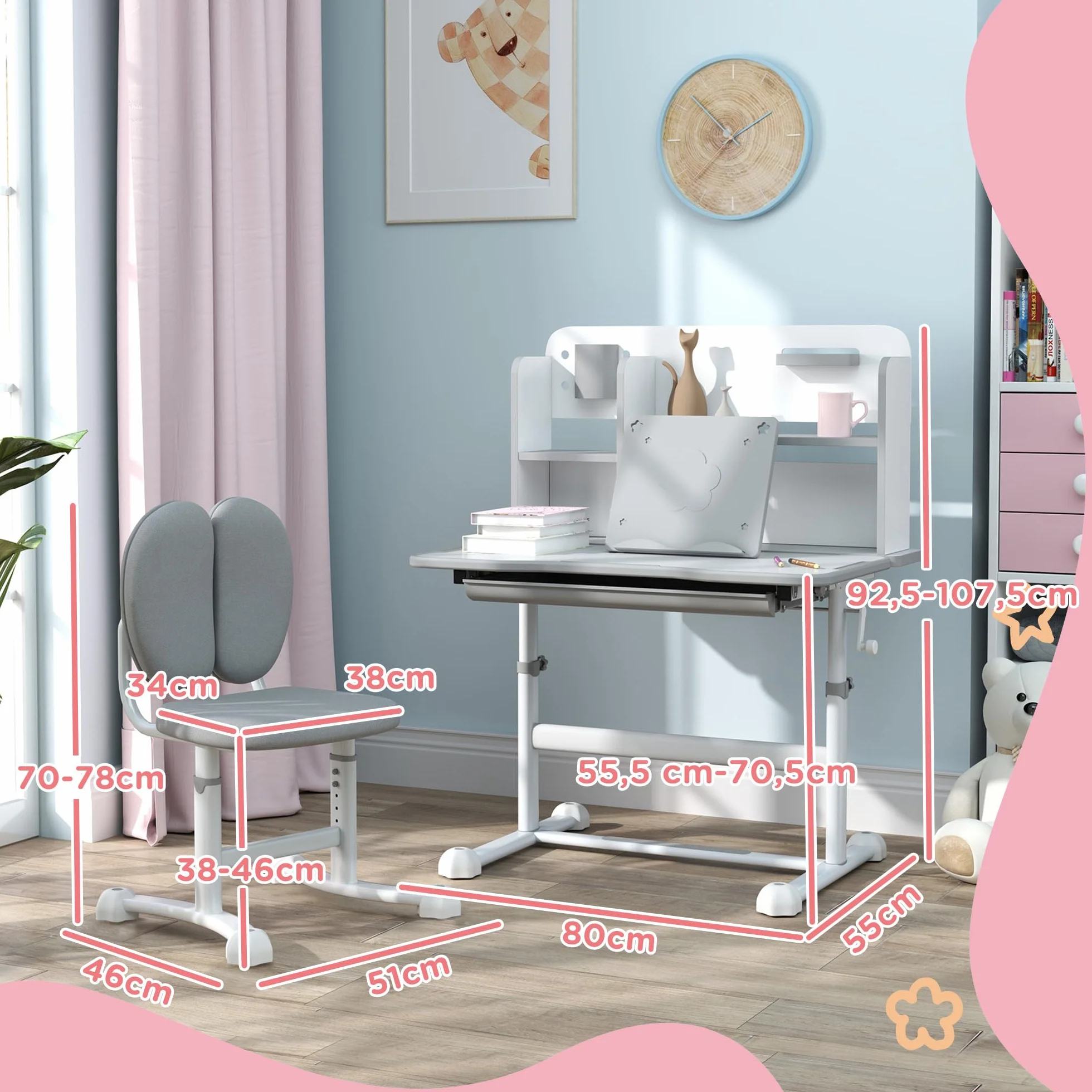 AIYAPLAY Pupitre Infantil Altura Ajustable con Tablero Inclinable, Cajón y Estantes, 80x55x107,5 cm, Gris