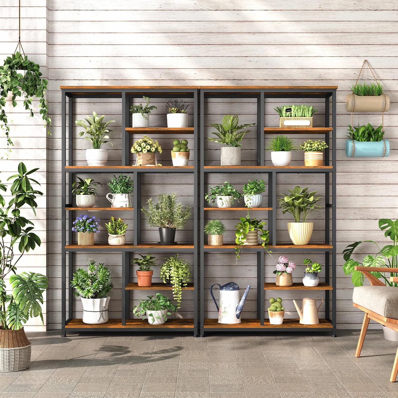HOOBRO Librería de 7 Niveles, Estantería Abierta con 4 Patas Ajustables, Librería de Aglomerado y Estructura Metálica, para Salón y Despacho, 100 x 28 x 180 cm, Marrón Vintage y Negro EBF06SJ01
