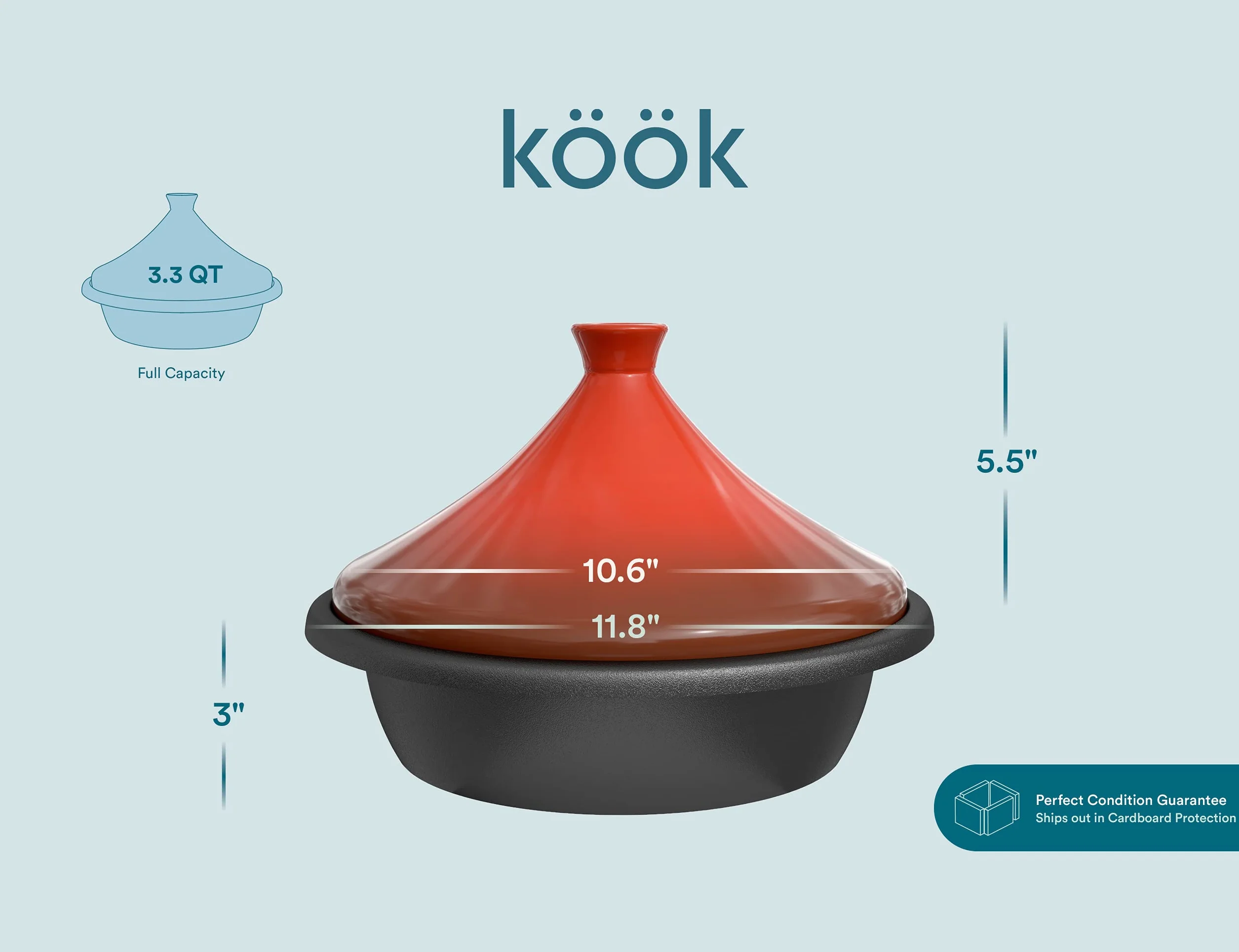 Kook Tajine marroquí, olla de hierro fundido esmaltado, tajín con tapa cerrada en forma de cono de cerámica, 3.3 cuartos de galón (cerámica)