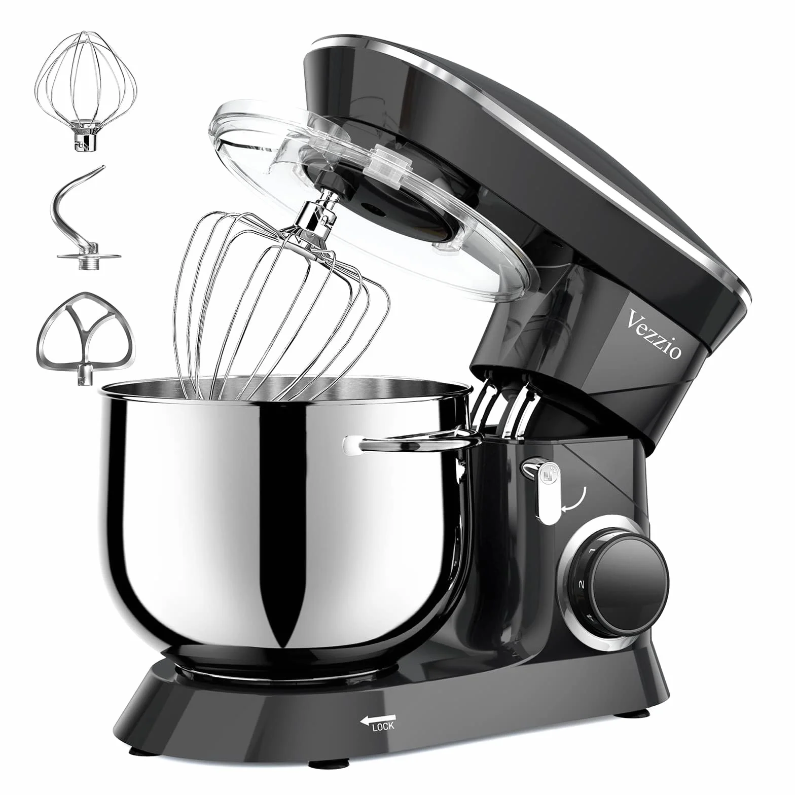 Batidora Amasadora Vezzio 8.5L Repostería Profesional 1500 W 6 Velocidades Robot de Cocina Batidora Multifunción Bajo Ruido Bol de Acero Inoxidabl, Amasador, Batidor y Varillas (Black)