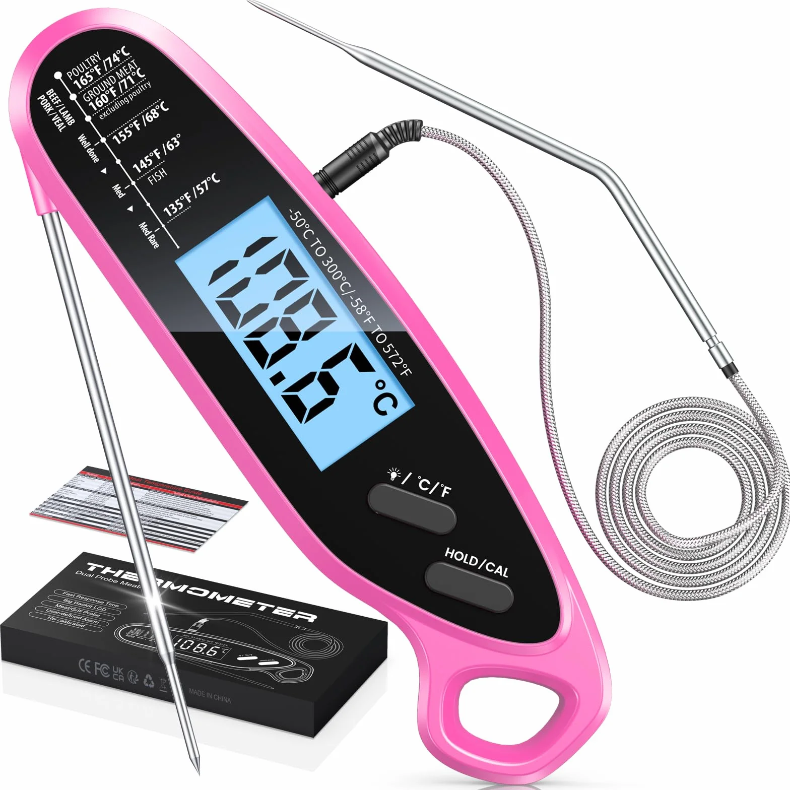 Termómetro digital de carne de lectura instantánea para cocinar y asar con doble sonda, pantalla retroiluminada grande y calibración automática, termómetro de alimentos para parrilla, ahumador