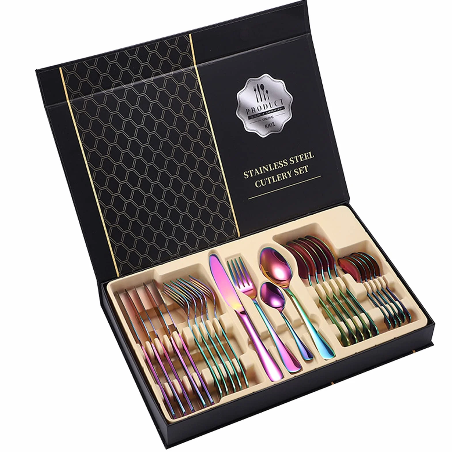 Juego De Cubiertos De 24 Piezas, Para 6 Personas, Acero Inoxidable, Cubertería De Luxe Estuche Regalo, Para Bodas, Restaurante, Fiesta, Regalo, Festivales (ArcoíRis)