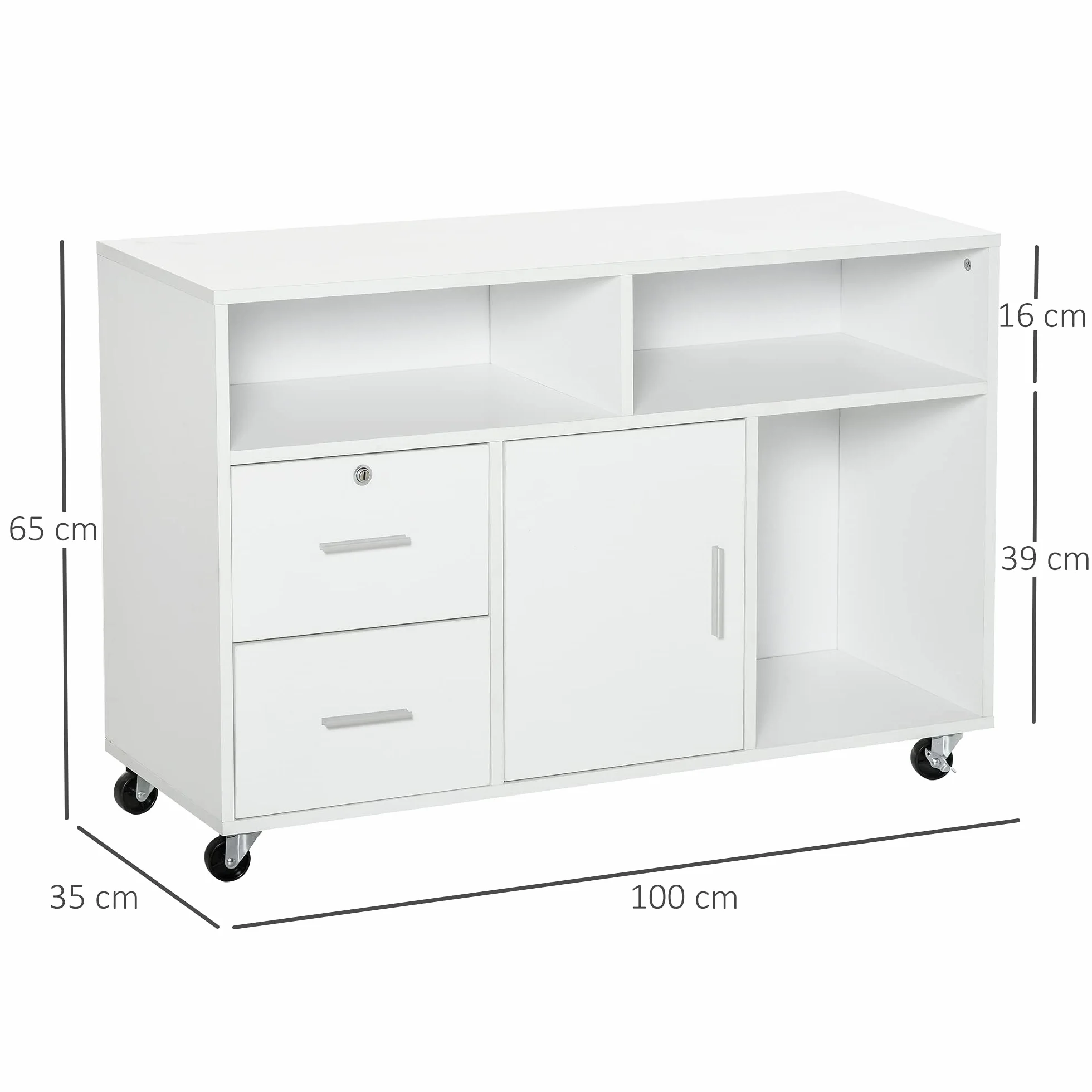 HOMCOM Mueble Auxiliar de Oficina Mueble Archivador con Ruedas Estantes y Cajones Armario Multiusos con Gran Almacenaje 100x35x65 cm Blanco