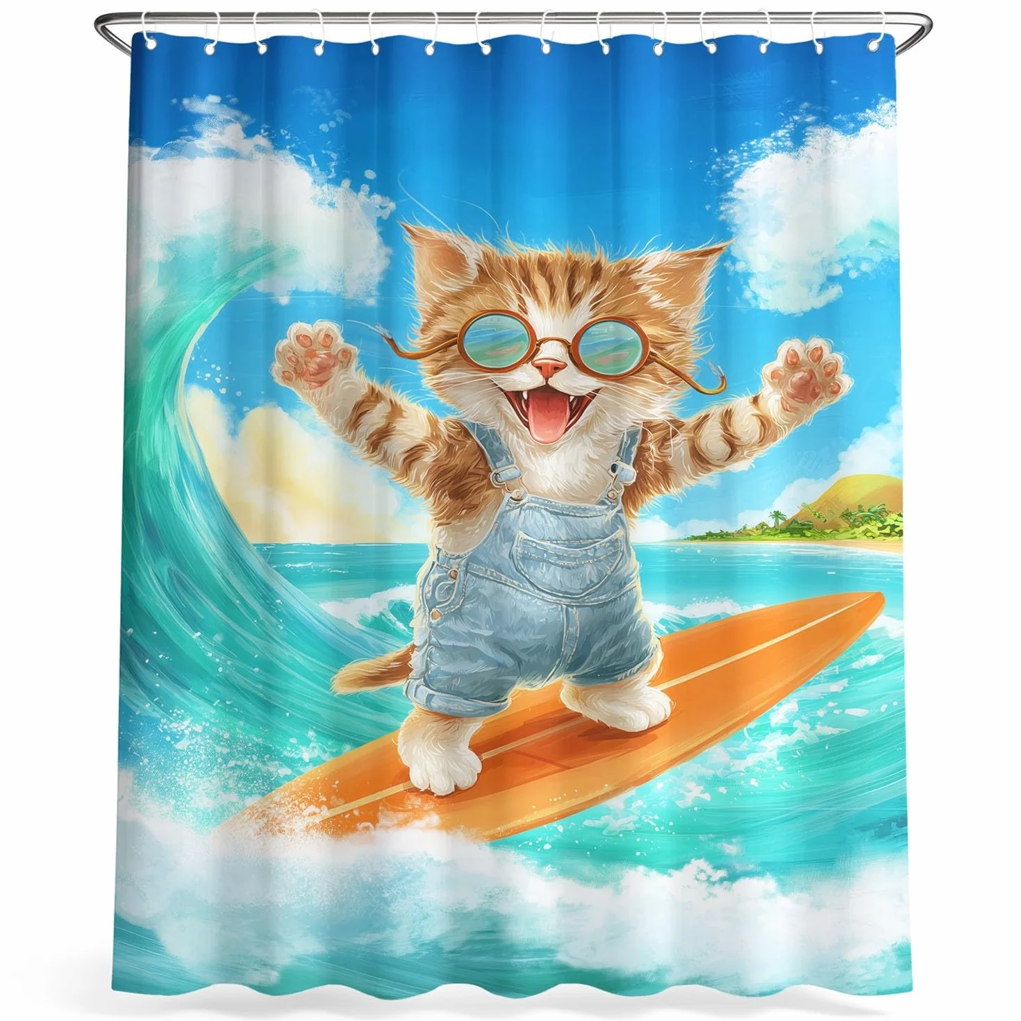 Cortina de ducha de dibujos animados para animales, cortina de ducha, 180 x 200 cm, antimoho, tela lavable divertida, borde de mar, surf, gato, tigre, cortinas, baño con ganchos, azul
