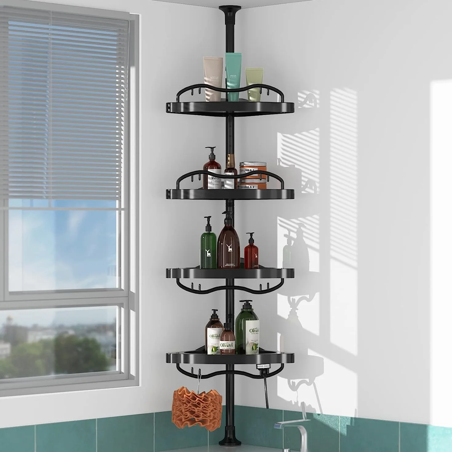 Organizador de ducha, 99-317 cm, decoración del hogar, organización y almacenamiento, estantes esquineros de plástico, estante de encimera ajustable con postes de metal de tensión, color negro