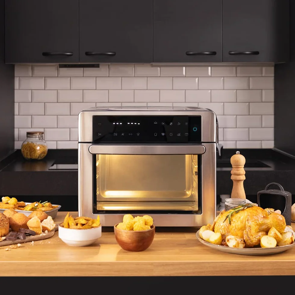 Cecotec Horno Freidora de Aire Caliente Bake&Fry 3000 Touch Steel. 1600 W, 30 Litros, Convección, Pantalla Táctil, 9 Funciones, Temperatura y Altura Regulable, Acero Inoxidable