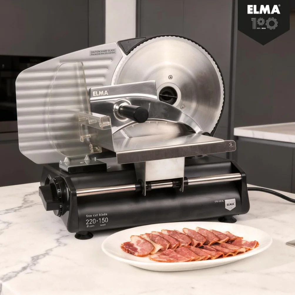 ELMA Cortafiambres Eléctrico CFD220 XL con Dos Cuchillas de Acero Inoxidable Ø220 mm | Cortadora de Fiambre Doméstica Ajustable 0-15 mm, Potente, Segura y Fácil de Limpiar