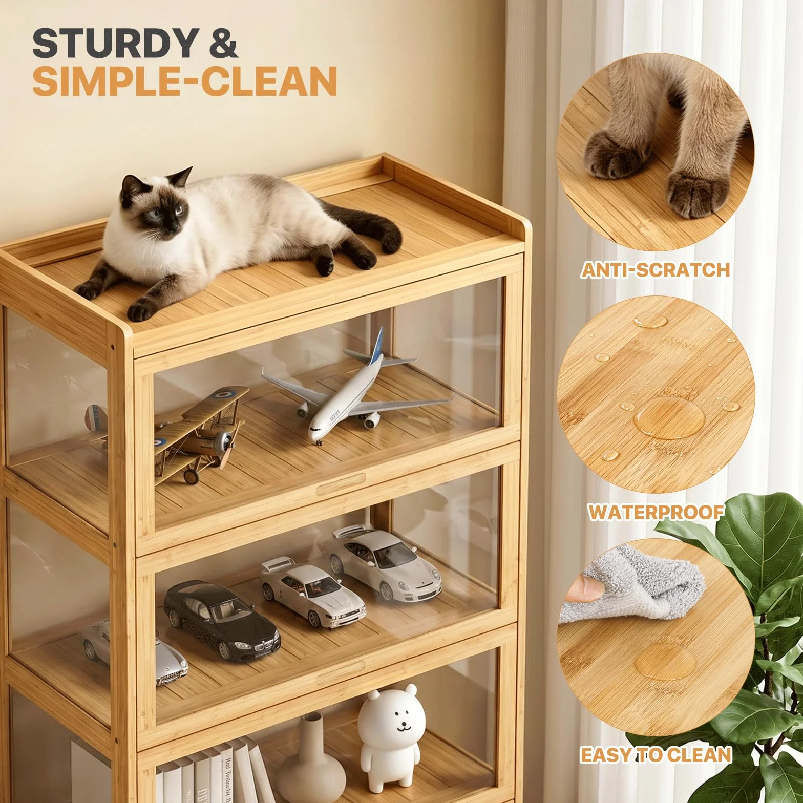 Magshion Vitrina de acrílico de 4 niveles con puerta, estante transparente de pie, estantería de exhibición de 27.5 pulgadas de largo x 13.5 pulgadas de ancho x 55 pulgadas de alto, color natural