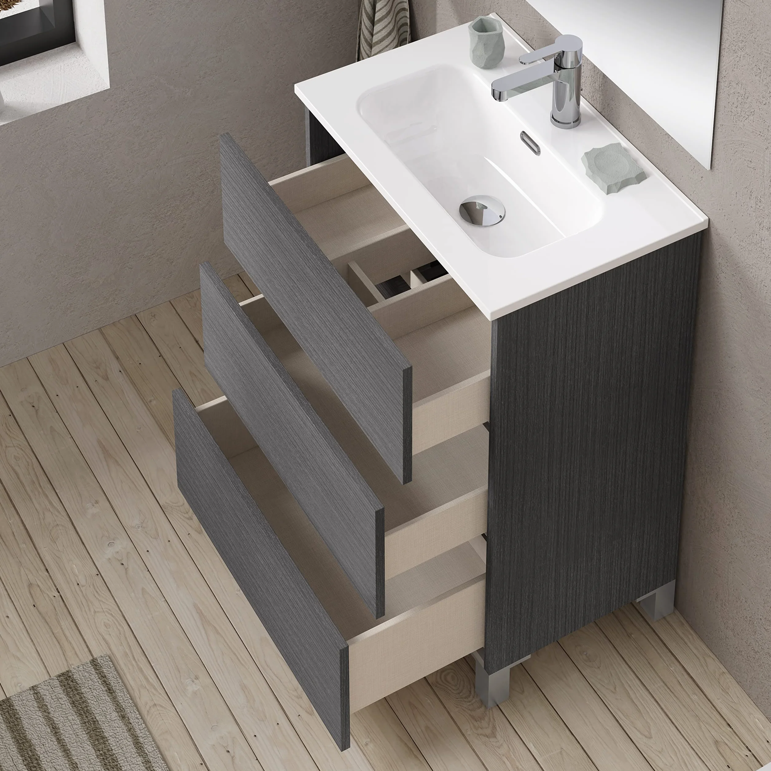 Baikal Mueble de Baño suspendido 50cm Ceniza con Lavabo y Espejo 3 Cajones