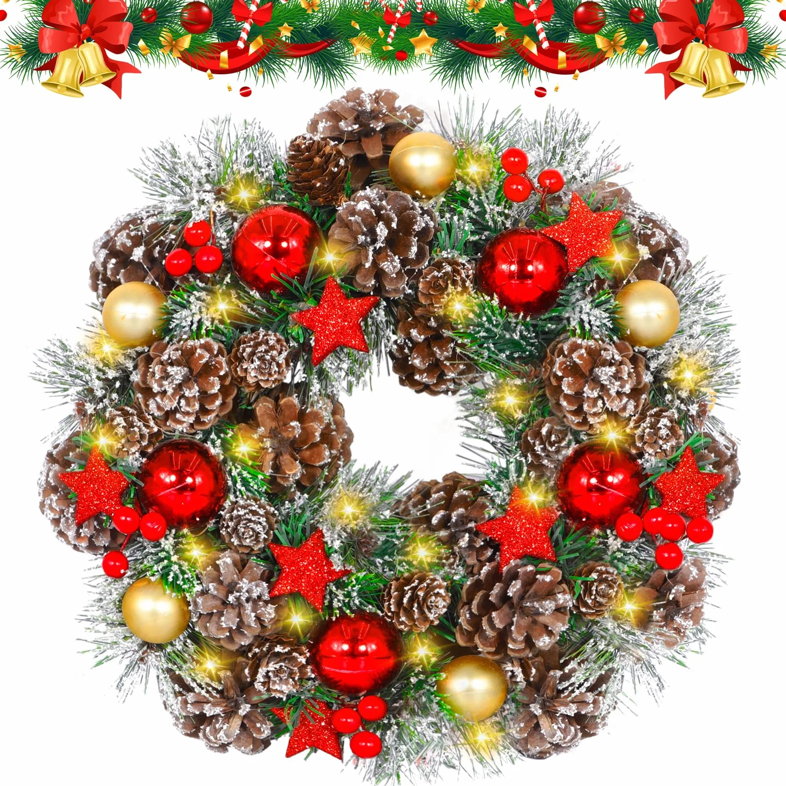 Corona Navidad Puerta 35cm, Corona de Navidad Con 30 Luces Led, Decoracion Puerta Navidad Con Bolas, Piñas, Bayas, Pentagramas, Guirnalda de Navidad para Puerta de Entrada, Decoración de Pared